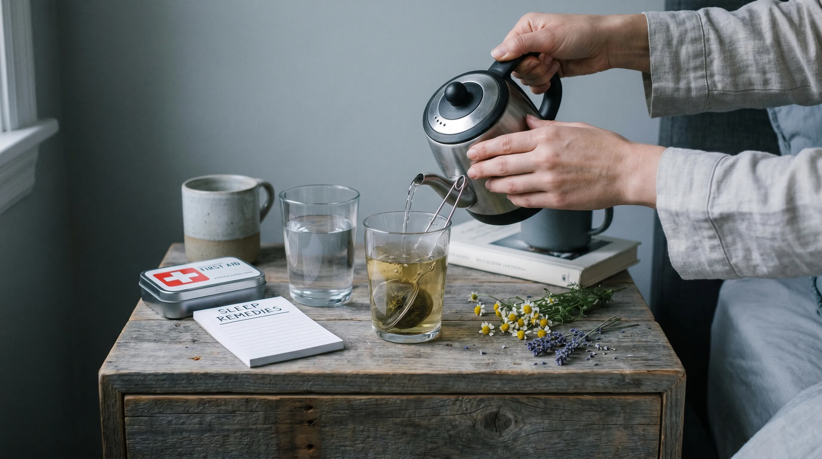 A close-up lifestyle shot of hands preparing a soothing herbal tea and a glass of room-temperature water on a clean wooden nightstand beside a small first-aid kit and a notepad