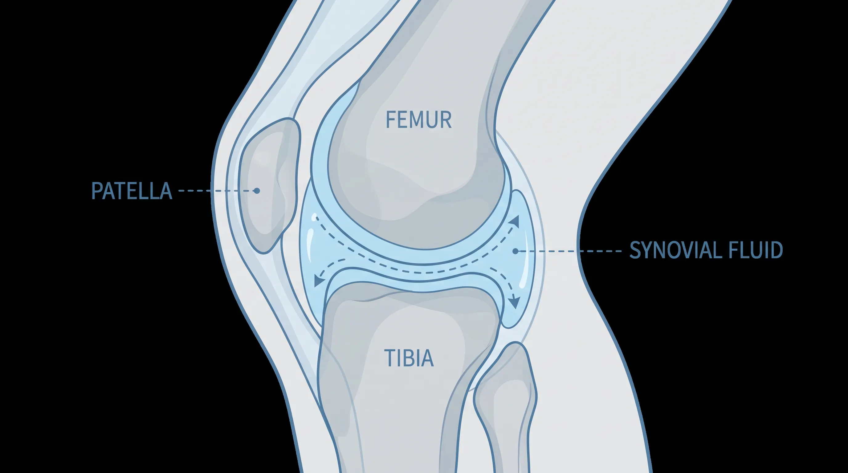 Close-up medical illustration showing healthy knee joint anatomy with patella, femur, tibia, and synovial fluid, rendered in clean blue and gray medical diagram style