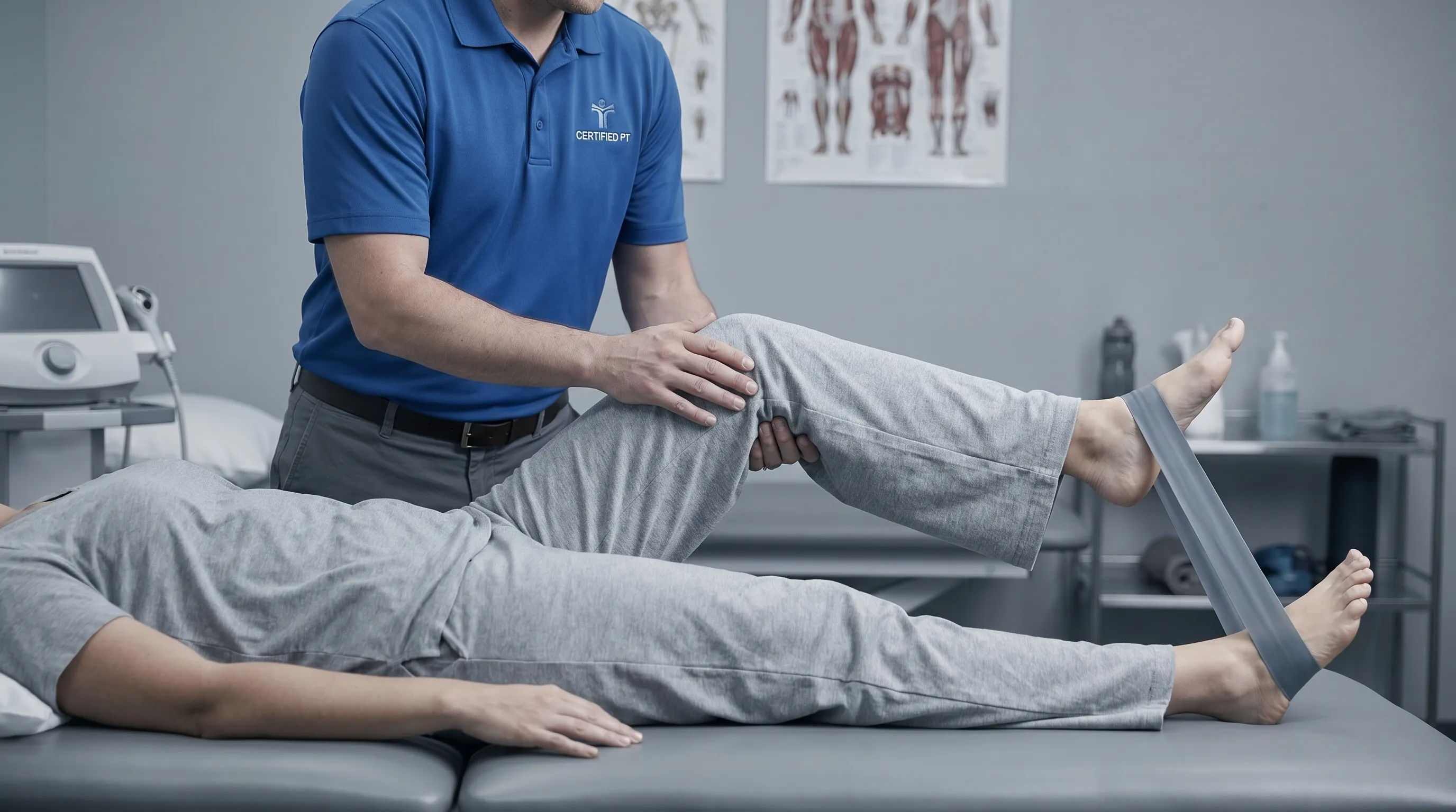A certified physical therapist guiding a patient through gentle knee stabilization exercises on a treatment table, featuring professional attire and clinical environment in muted gray and blue tones