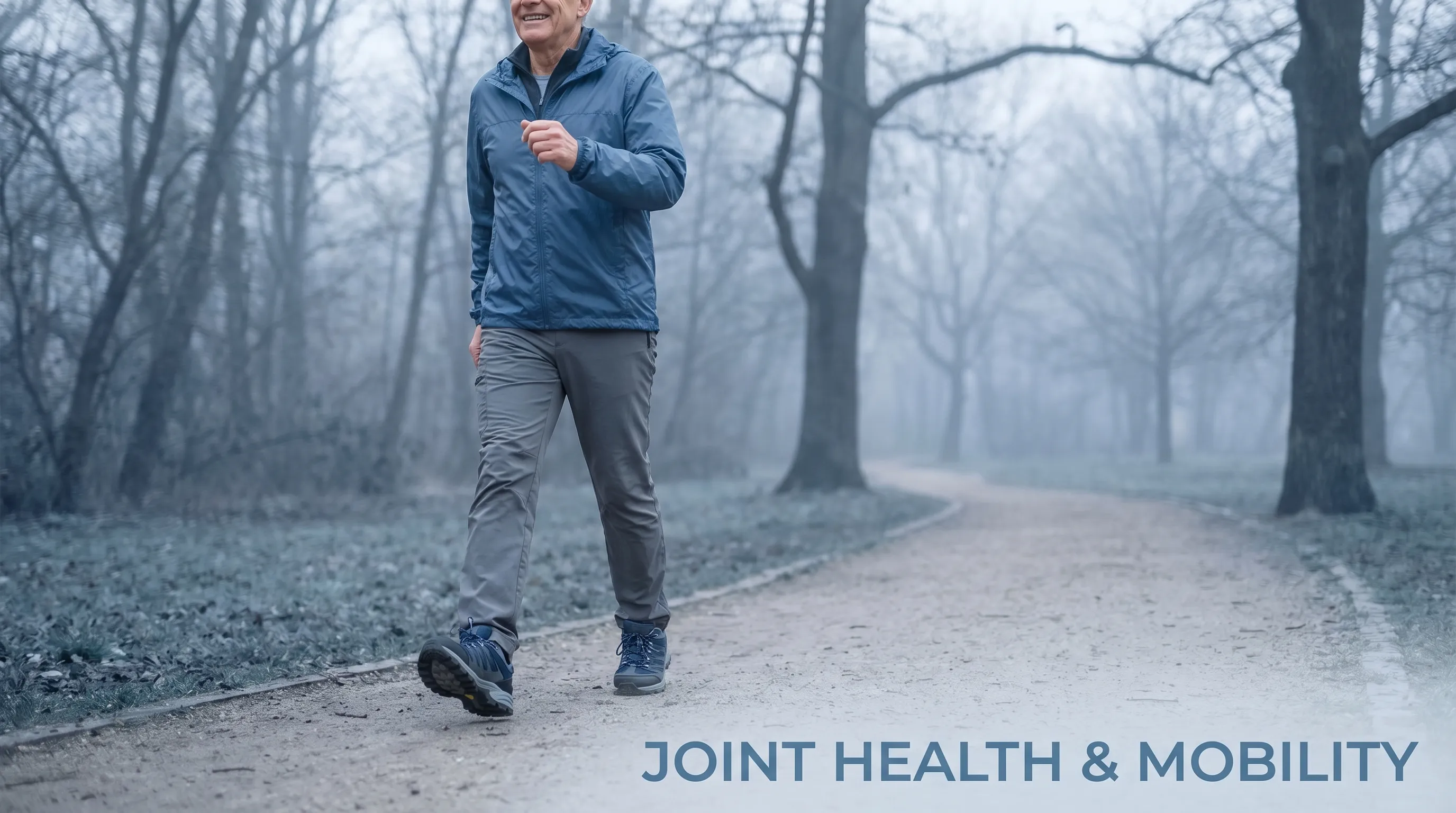 An active adult walking confidently on a flat nature trail wearing proper supportive footwear, symbolizing joint health and preventative mobility, styled in cool blue and gray lifestyle photography