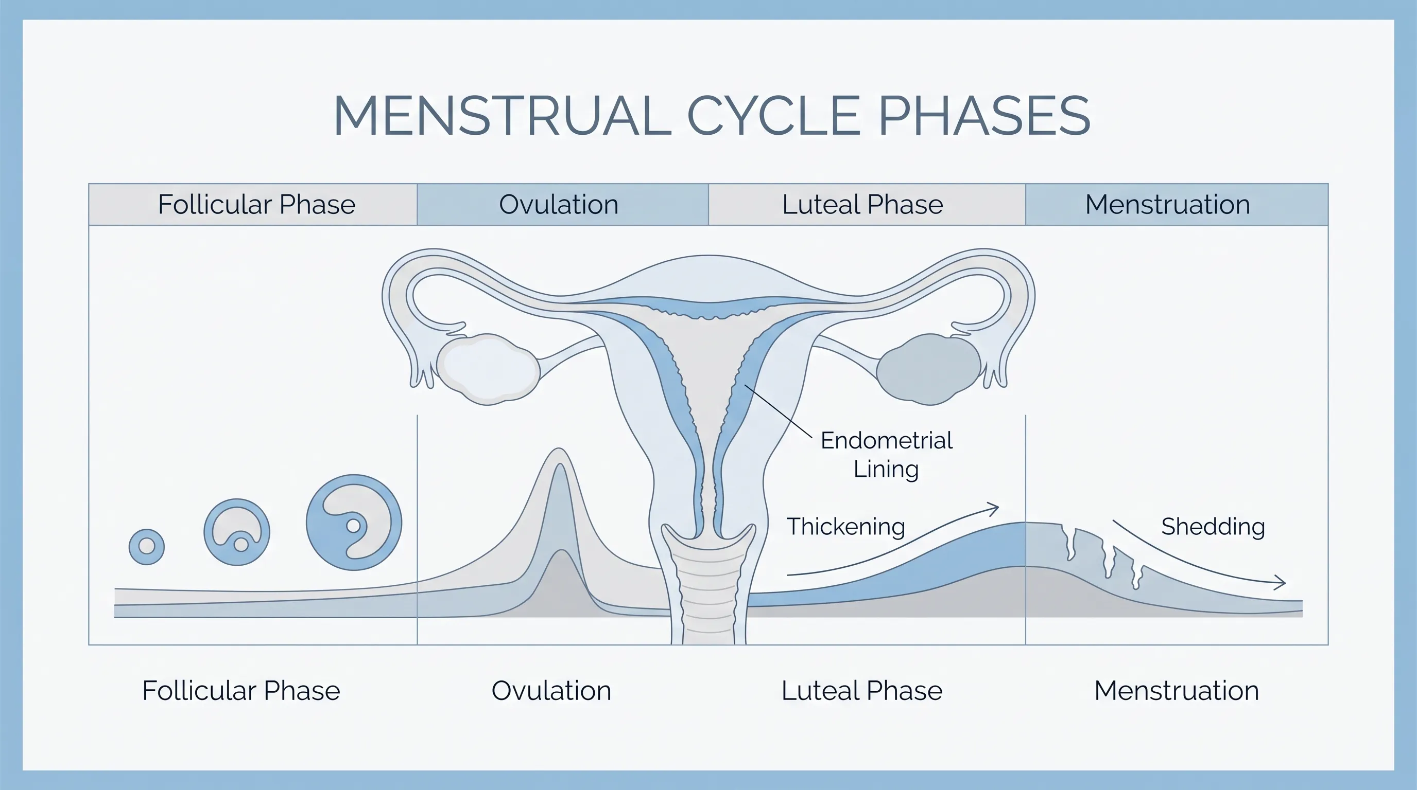 A clean, clinical illustration of the menstrual cycle phases showing endometrial thickening and shedding, rendered in soft medical blue and gray tones with professional diagram labeling