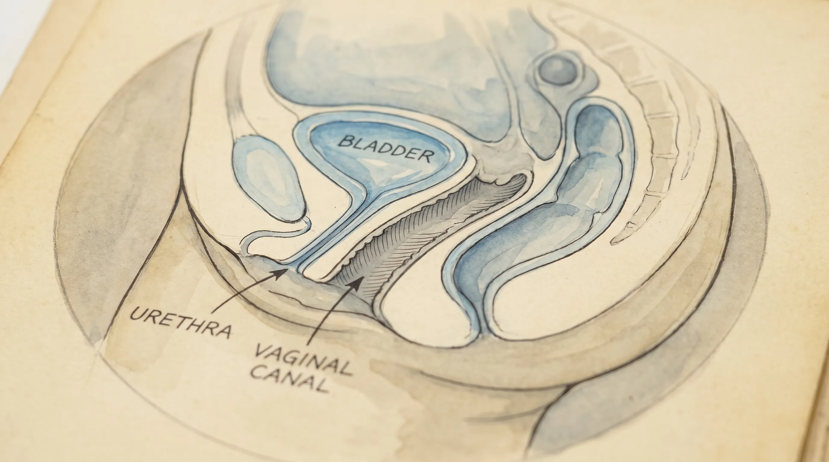 A detailed medical illustration style photograph showing a simplified anatomical cross-section of the female pelvis, highlighting the separation between the bladder, urethra, and vaginal canal, rendered in soft blue and gray clinical tones