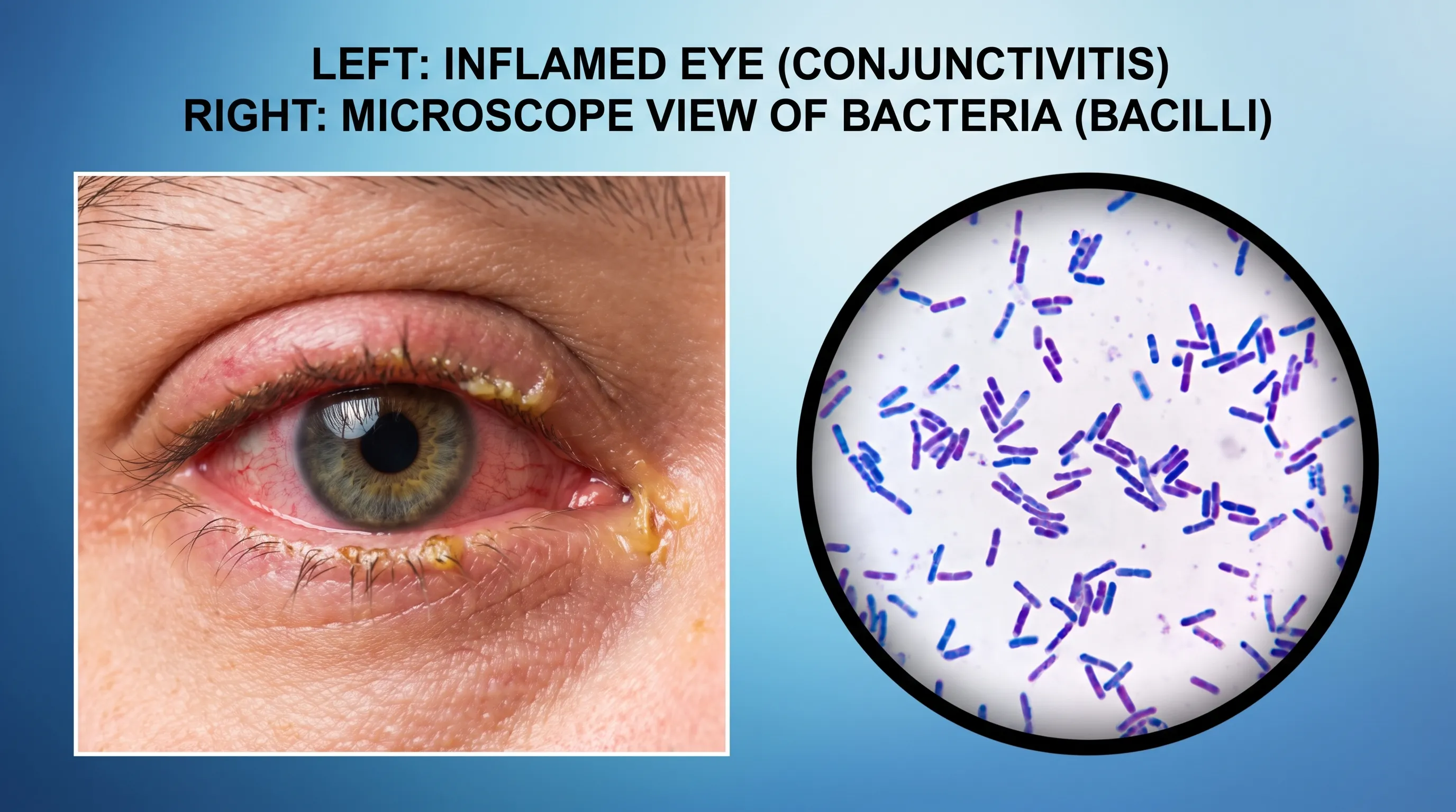 A medical illustration showing a close-up of a human eye with redness and yellow discharge indicative of bacterial conjunctivitis, next to a stylized graphic of bacteria cells