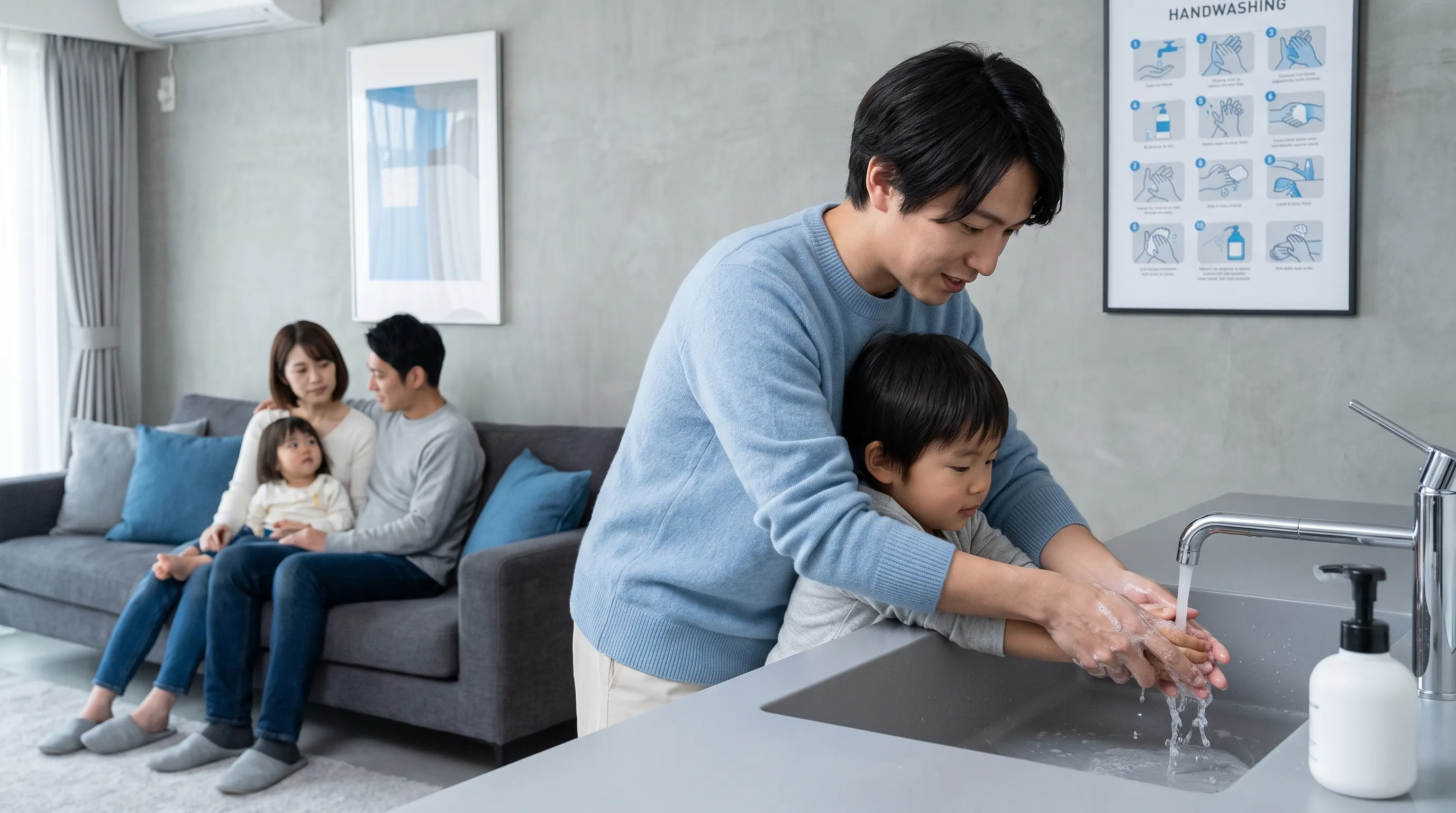 A family in a modern living room practicing good hygiene; a parent is teaching a child how to properly wash hands at a sink, with soap and water visible, emphasizing prevention