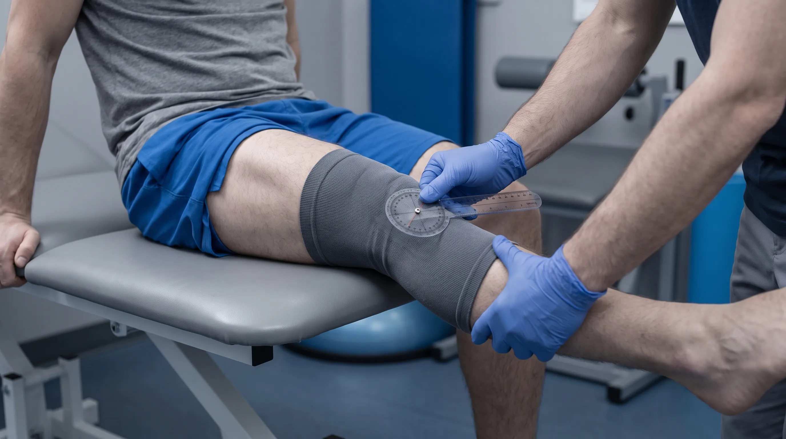 Clinical physical therapist assessing knee joint alignment and ligamentous tension during a controlled rehabilitation session