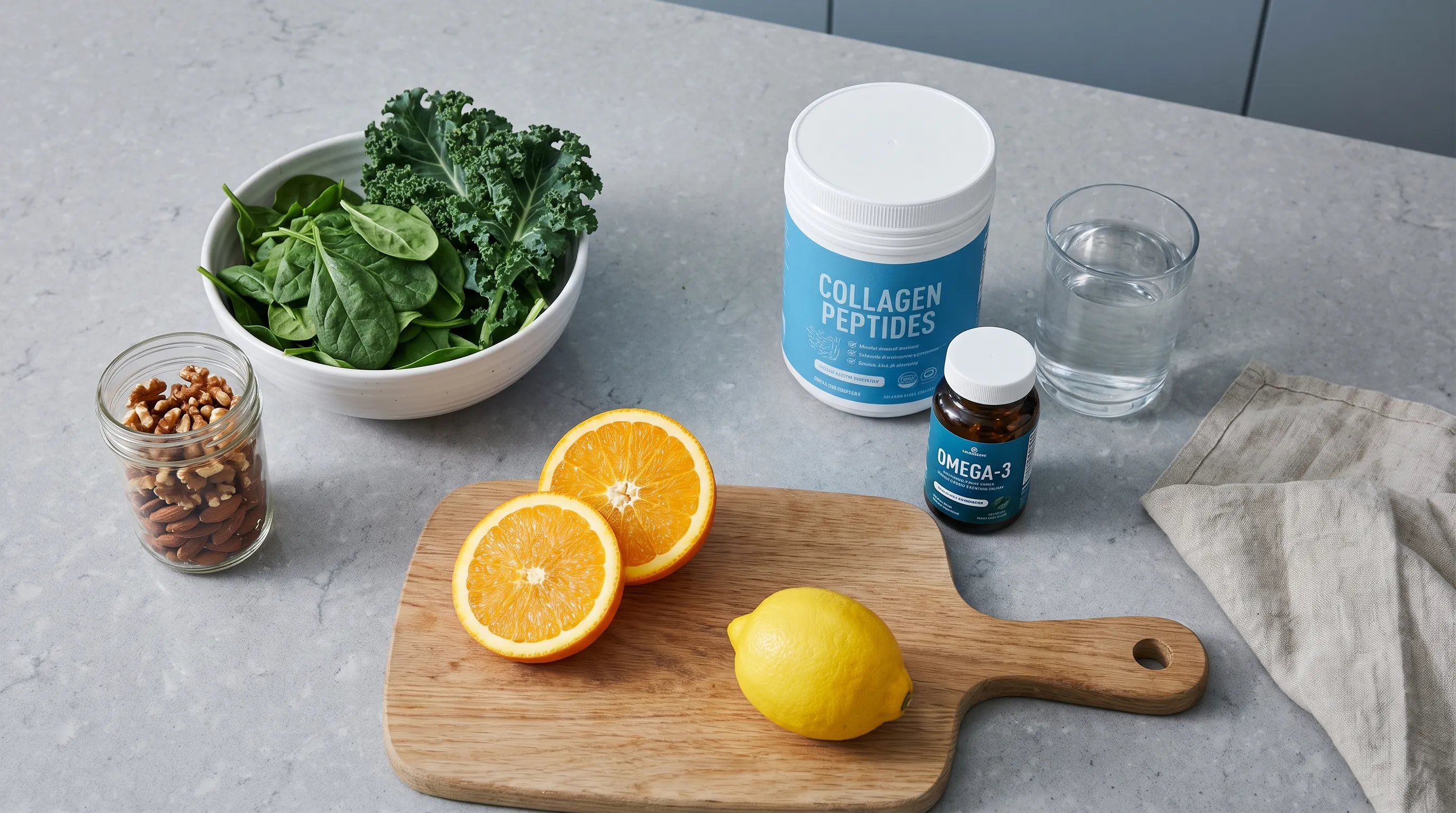 Nutrition-focused workspace showing connective tissue-supportive ingredients like collagen, citrus, and anti-inflammatory foods arranged professionally