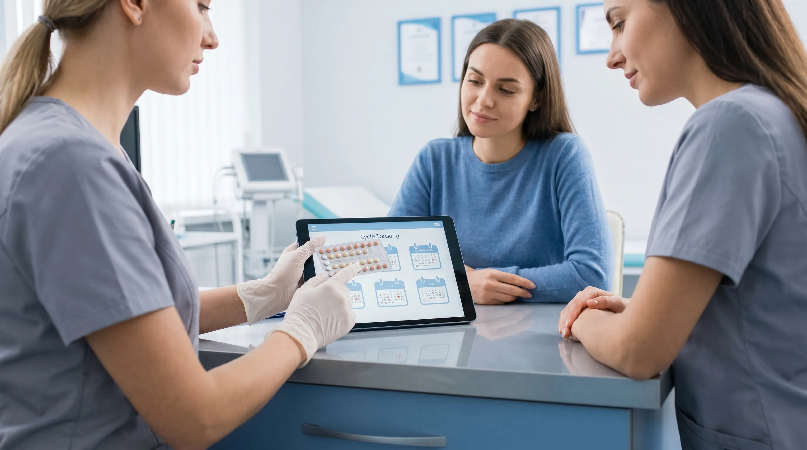 A close-up of a healthcare provider discussing contraceptive pill packets and cycle tracking with a patient in a modern clinical setting, using a clean gray and blue color palette