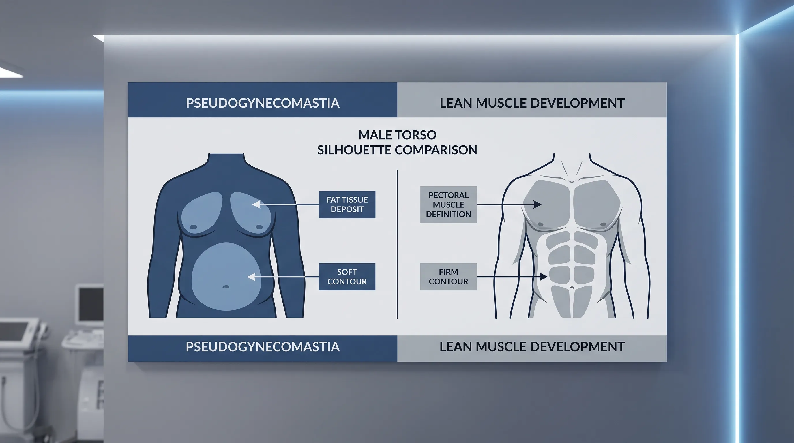 A clean, clinical-style photograph showing a male torso silhouette comparison chart illustrating pseudogynecomastia versus lean muscle development, with soft gray and blue lighting, professional health infographic aesthetic.