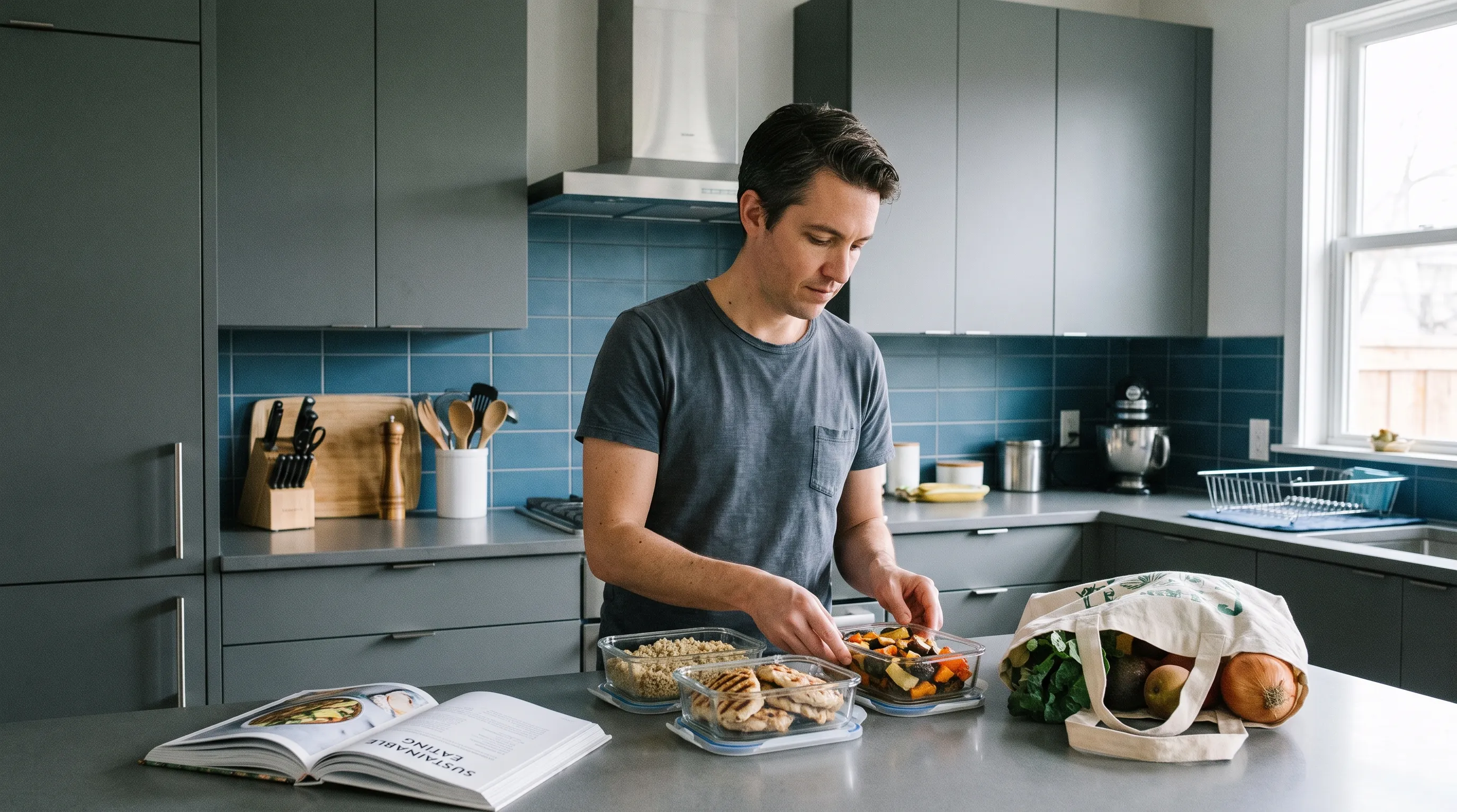 A realistic lifestyle image of an individual preparing balanced, high-protein meals in a modern kitchen, with muted gray and blue tones, emphasizing nutrition and sustainable dietary habits, 4:3 ratio.