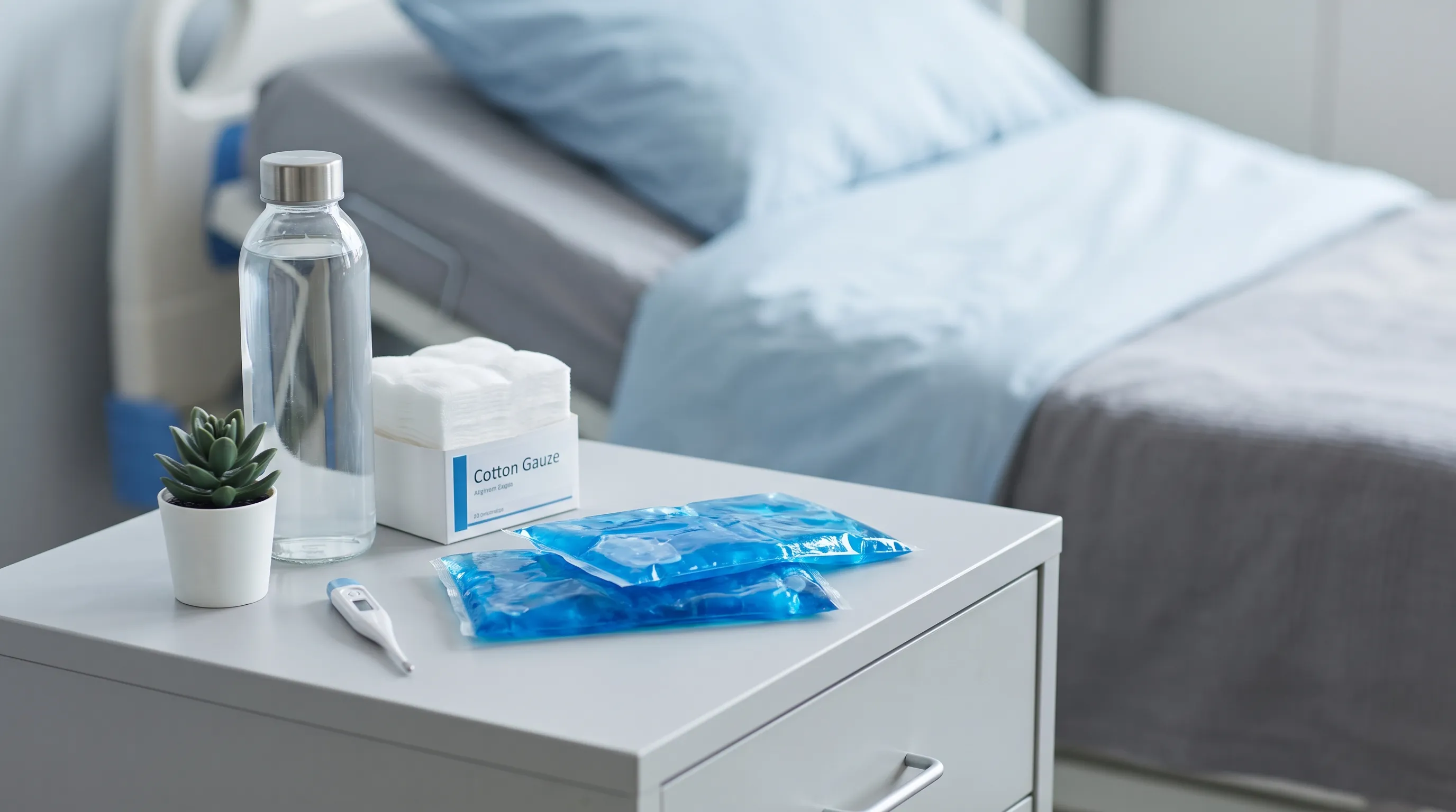 A clean, clinical wellness scene featuring a neatly organized bedside table with medical supplies like gauze, a water bottle, and ice packs, styled in calming gray and blue tones, 4:3 ratio