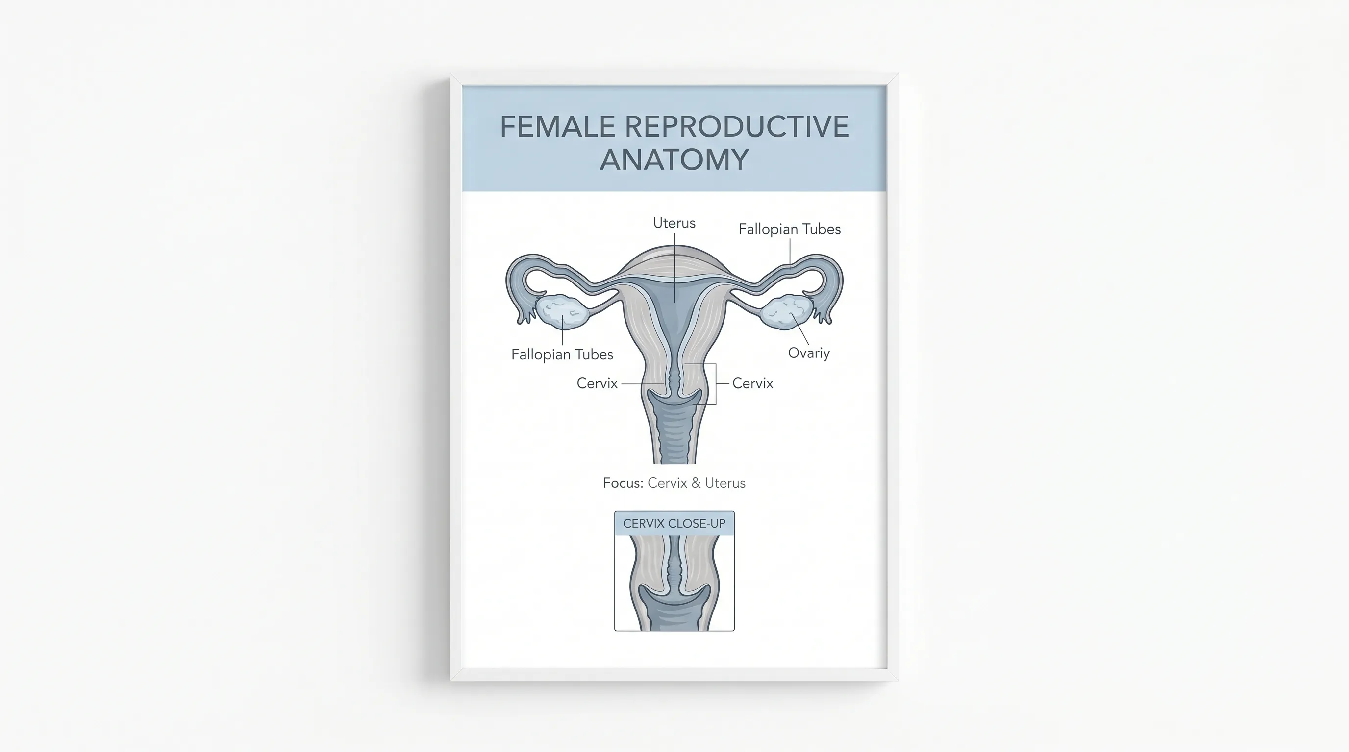 A clean, professional medical illustration of the female reproductive system focusing on the cervix and uterus, styled in soft blue and gray medical diagram aesthetics, educational poster style.