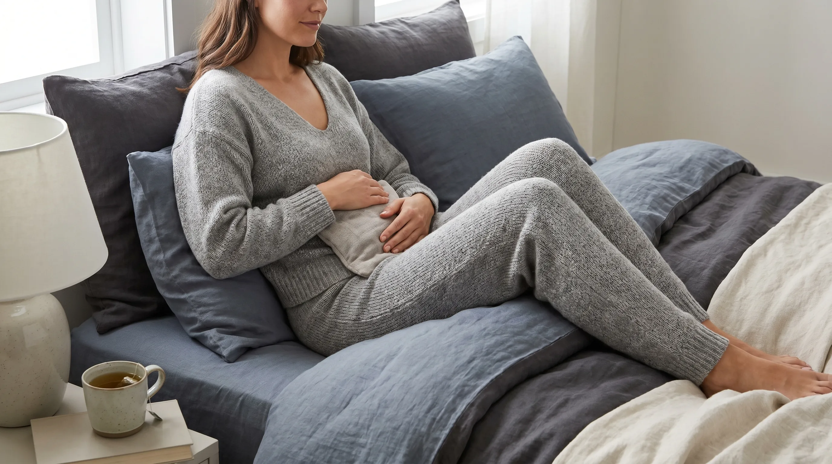 A serene lifestyle photo of a woman placing a heating pad on her lower abdomen while resting on a comfortable bed, emphasizing self-care and recovery, muted gray and blue tones, natural lighting.