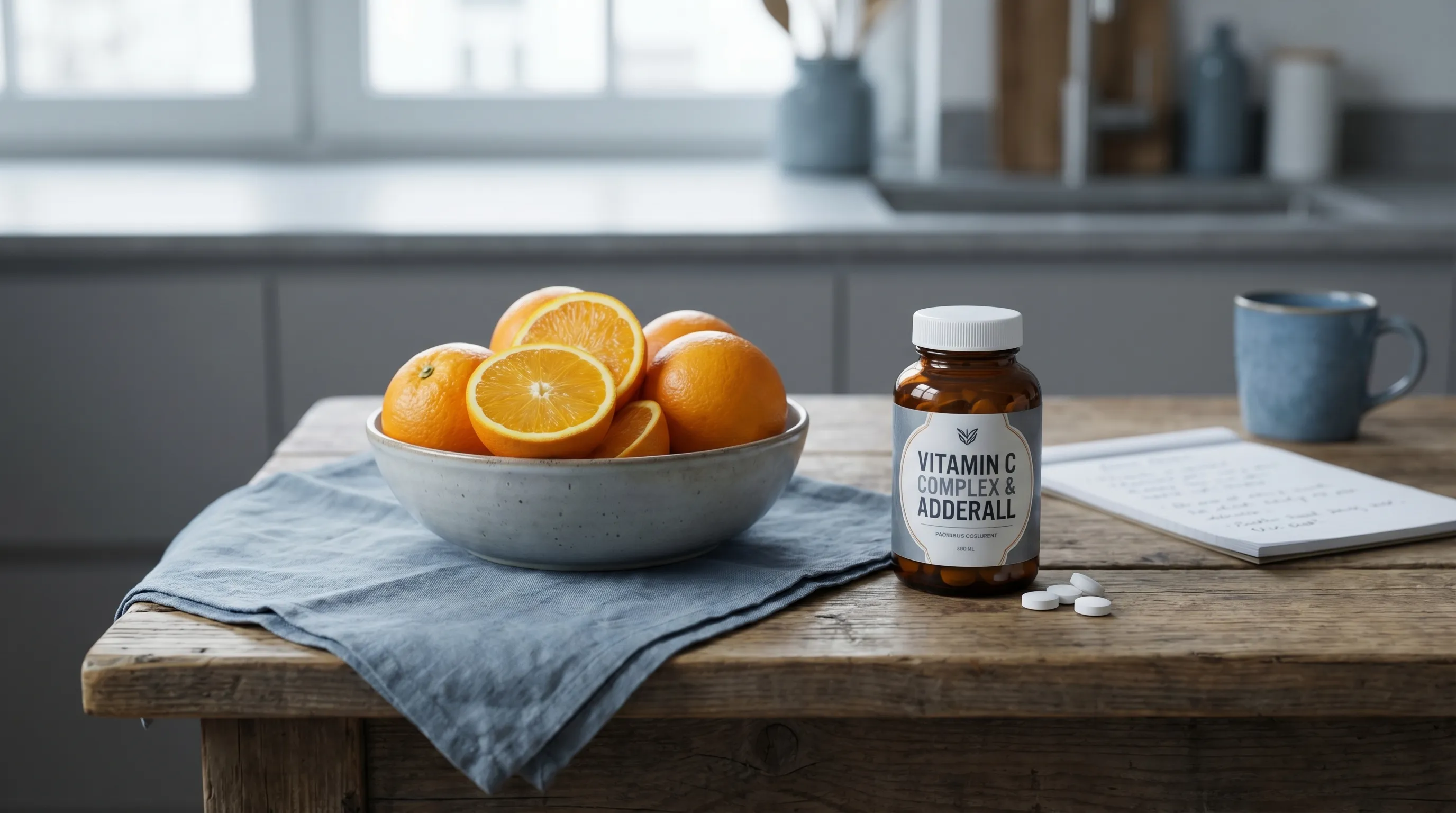 Fresh oranges, a rich source of Vitamin C, next to a pill bottle, representing the interaction between vitamin c and Adderall.