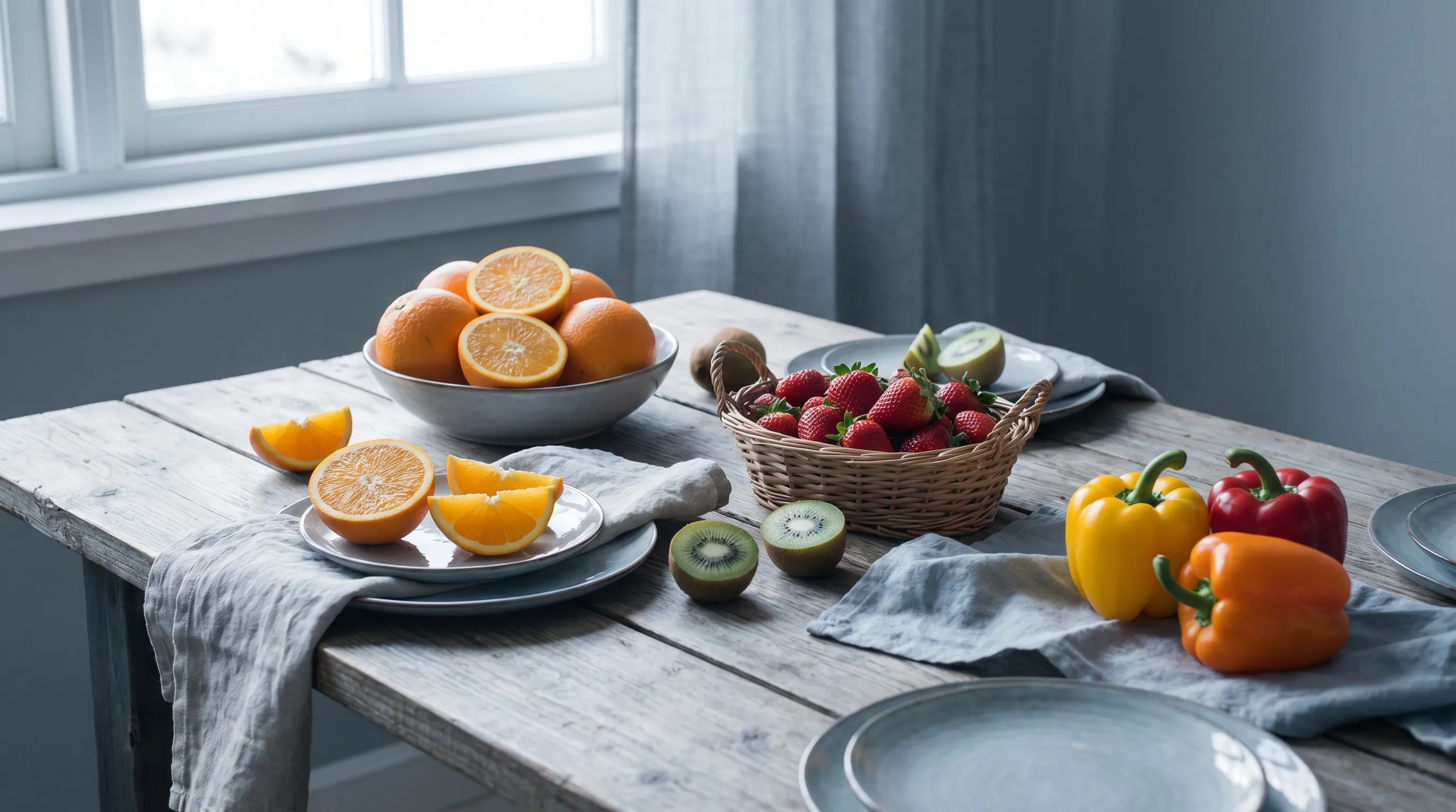 A variety of fruits and vegetables rich in Vitamin C, including oranges, strawberries, kiwi, and bell peppers, on a wooden table.