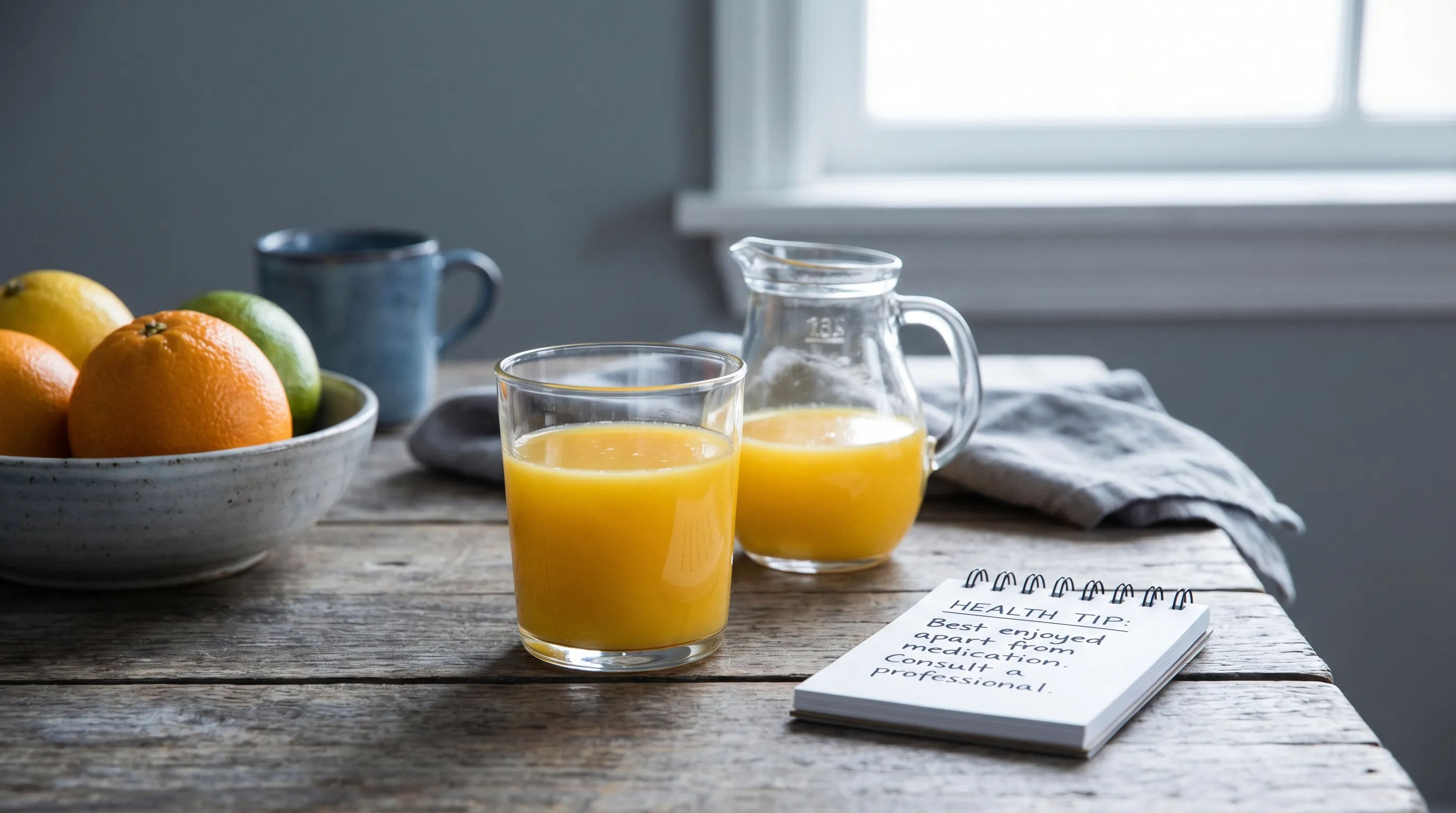 A glass of orange juice on a table. Citrus juices are healthy but best consumed at a different time than an Adderall dose.