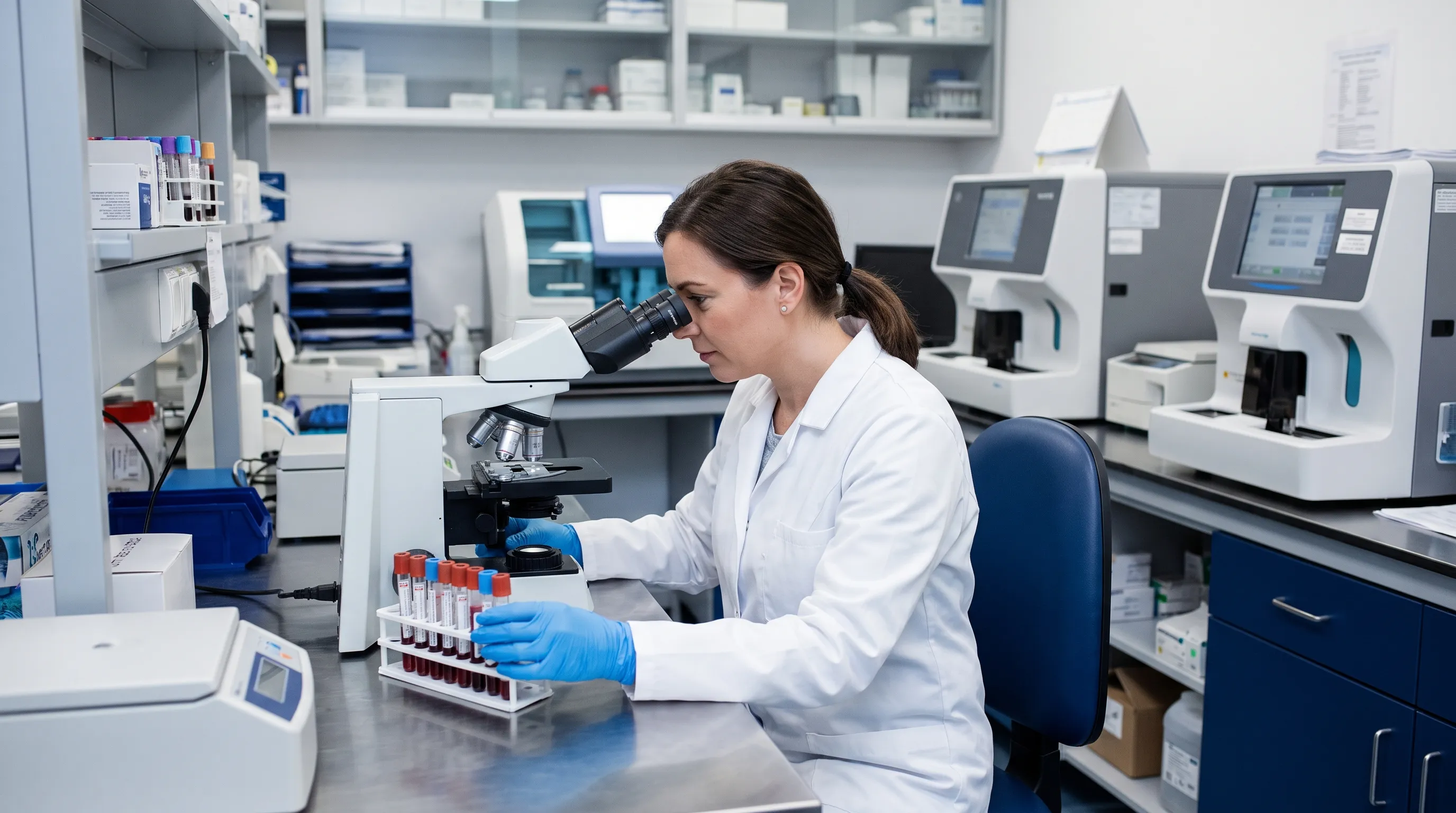 A clinical laboratory technician carefully processing blood sample tubes in a clean, well-lit lab environment, wearing gloves and focusing on diagnostic equipment, professional healthcare photography, gray and blue tones