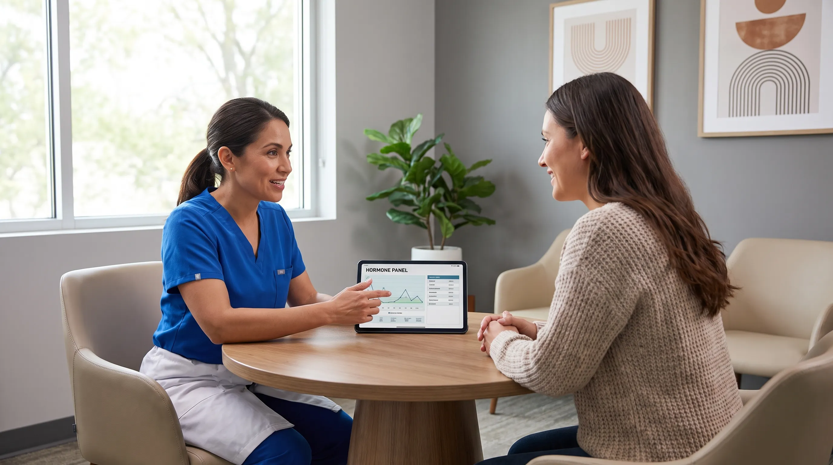 A healthcare provider reviewing hormone lab results with a patient on a tablet, compassionate conversation in a modern consultation room, natural lighting, muted professional color palette, 4:3 aspect ratio