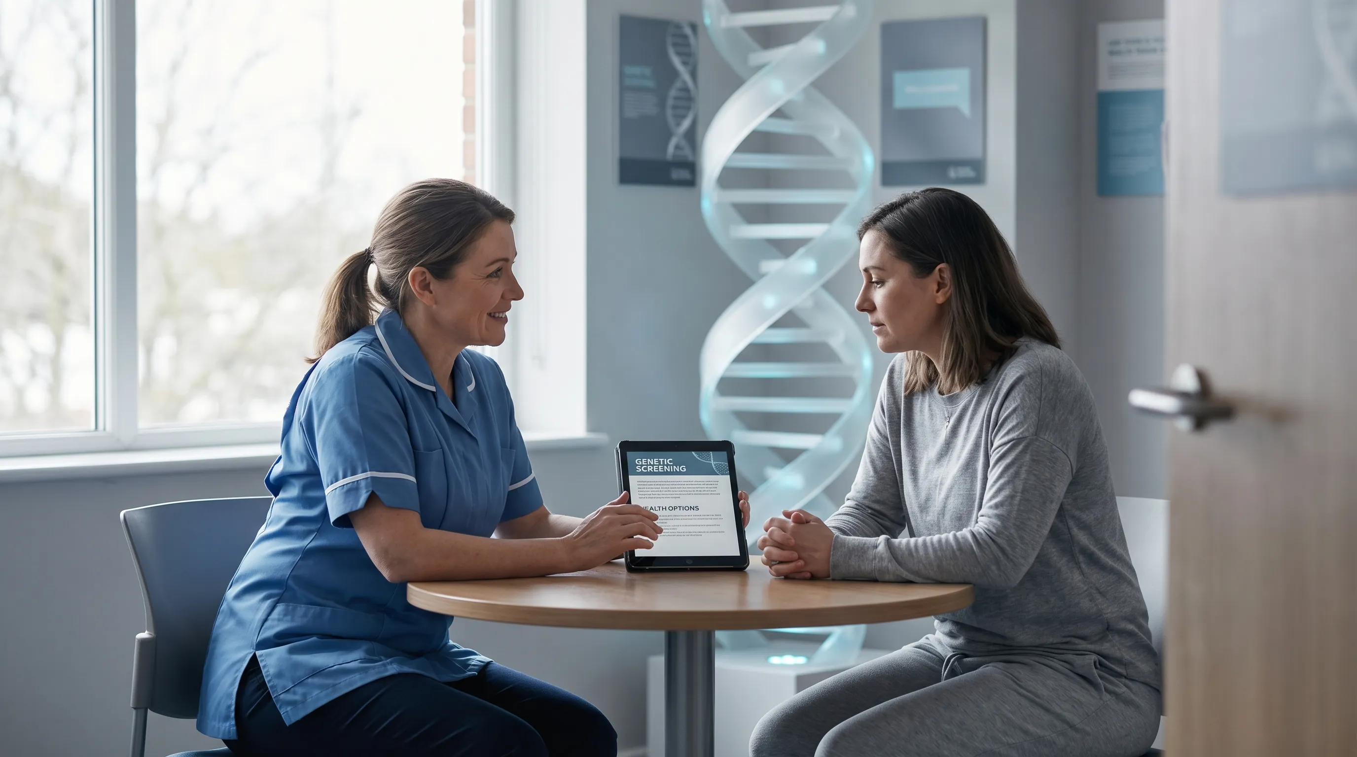 A compassionate healthcare provider discusses genetic testing options with a patient, with a stylized DNA helix visible in the background.