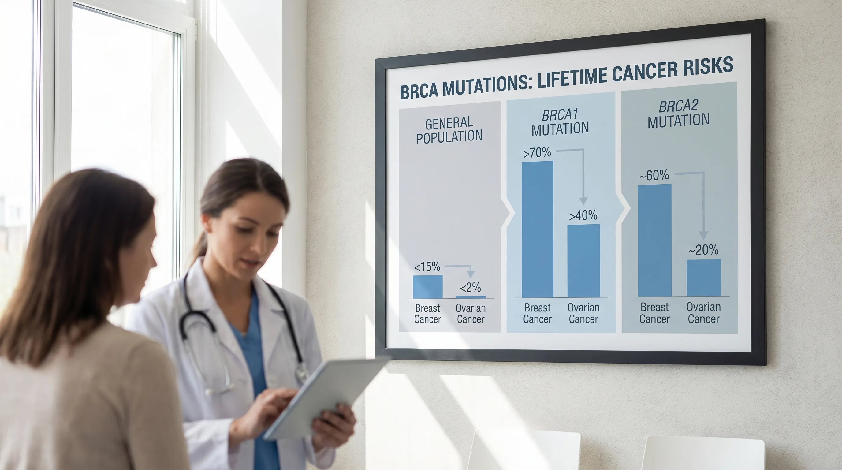 An infographic showing the increased lifetime risk of breast and ovarian cancer for women with BRCA1 and BRCA2 mutations compared to the general population.