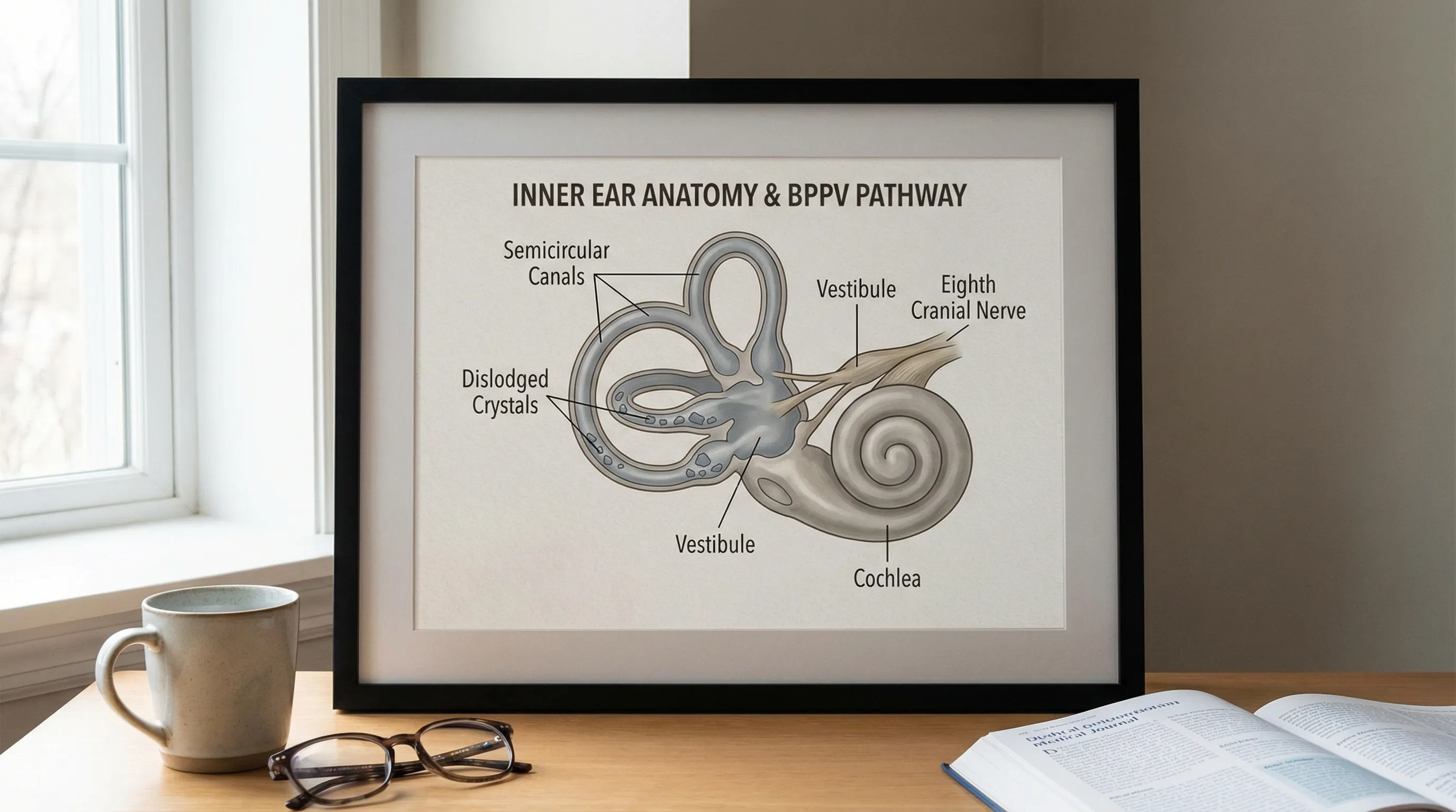 A diagram showing the anatomy of the inner ear, including the semicircular canals where dislodged crystals can cause BPPV.