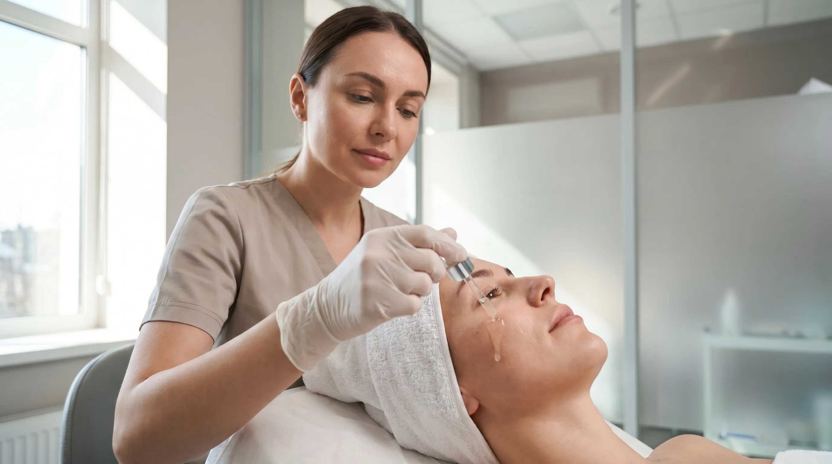 A dermatologist gently examining a patient's cheek area with a magnifying dermatoscope in a well-lit clinical setting, emphasizing professional skin assessment