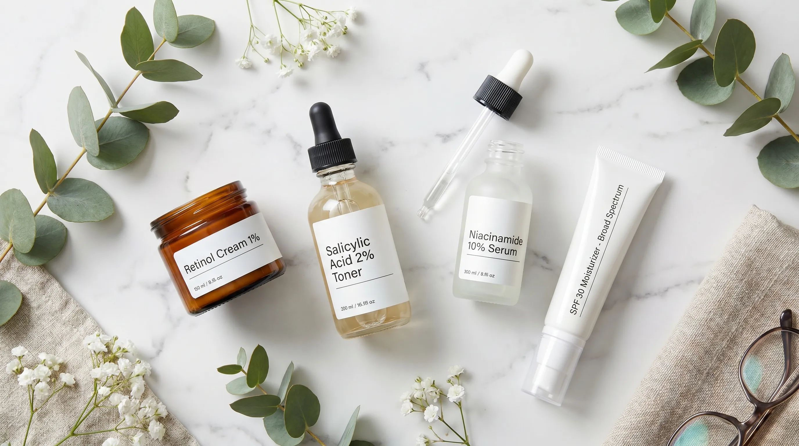 Flat lay of clinically proven skincare ingredients including salicylic acid toner, retinol serum, niacinamide cream, and broad-spectrum sunscreen arranged on a clean white surface with subtle botanical elements, professional wellness photography