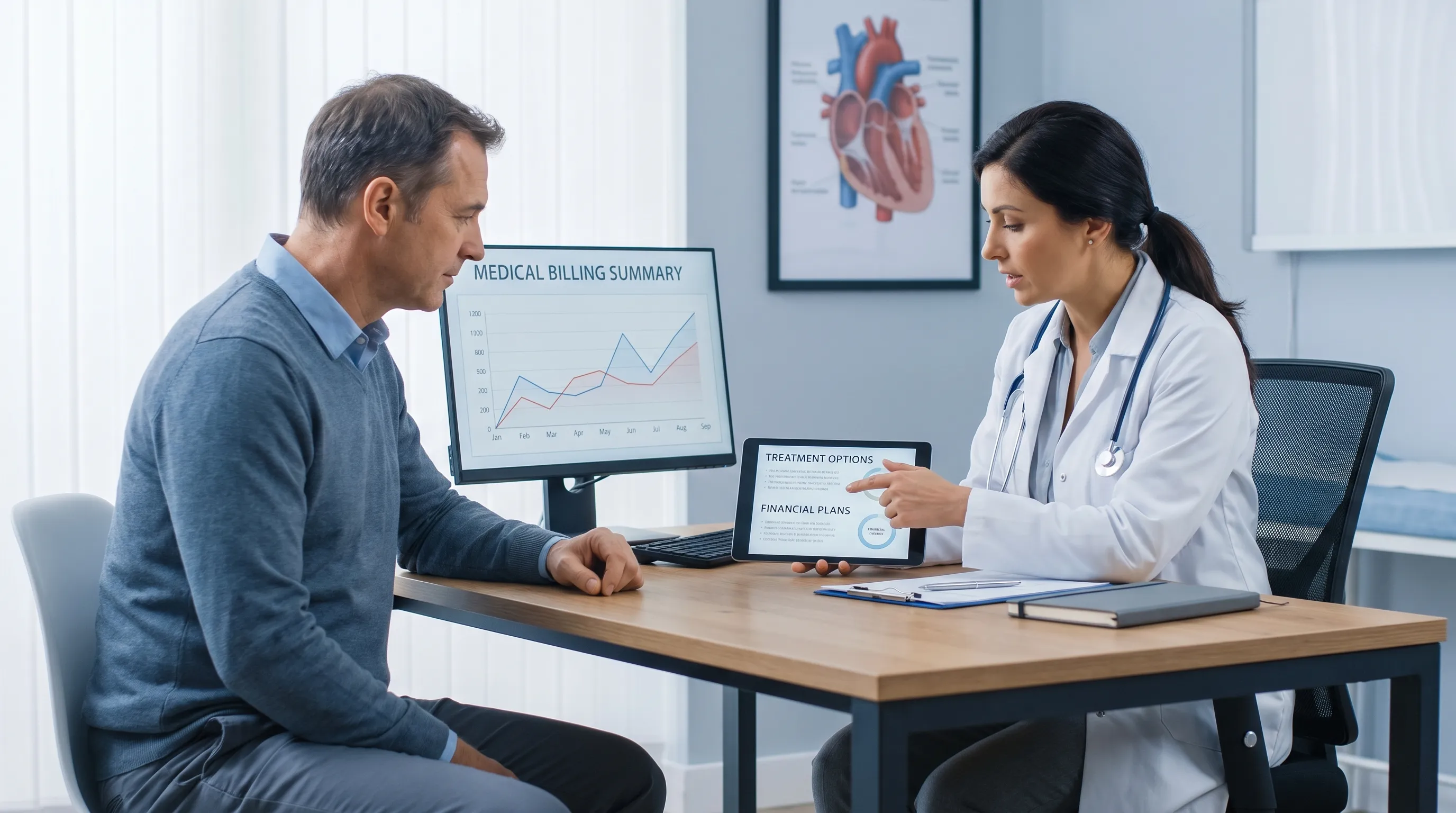 Patient consulting with a cardiologist in a clinical setting to review medical billing and treatment options