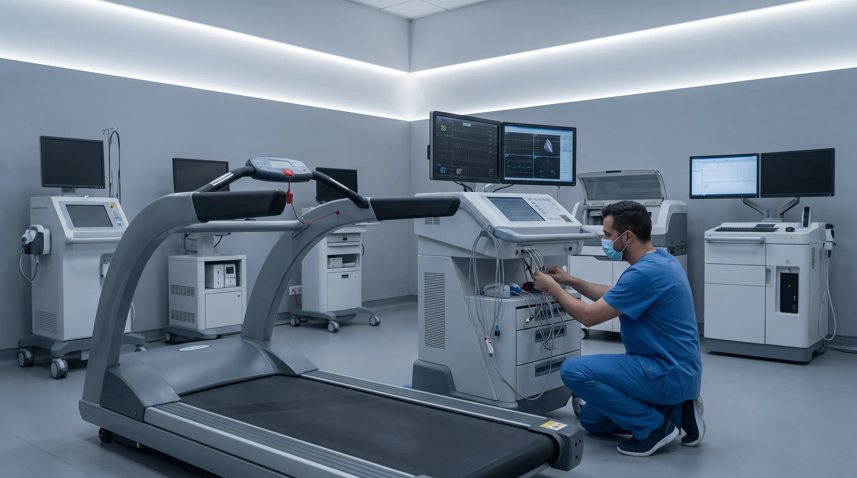 Medical technician preparing advanced stress testing equipment in a cardiology laboratory