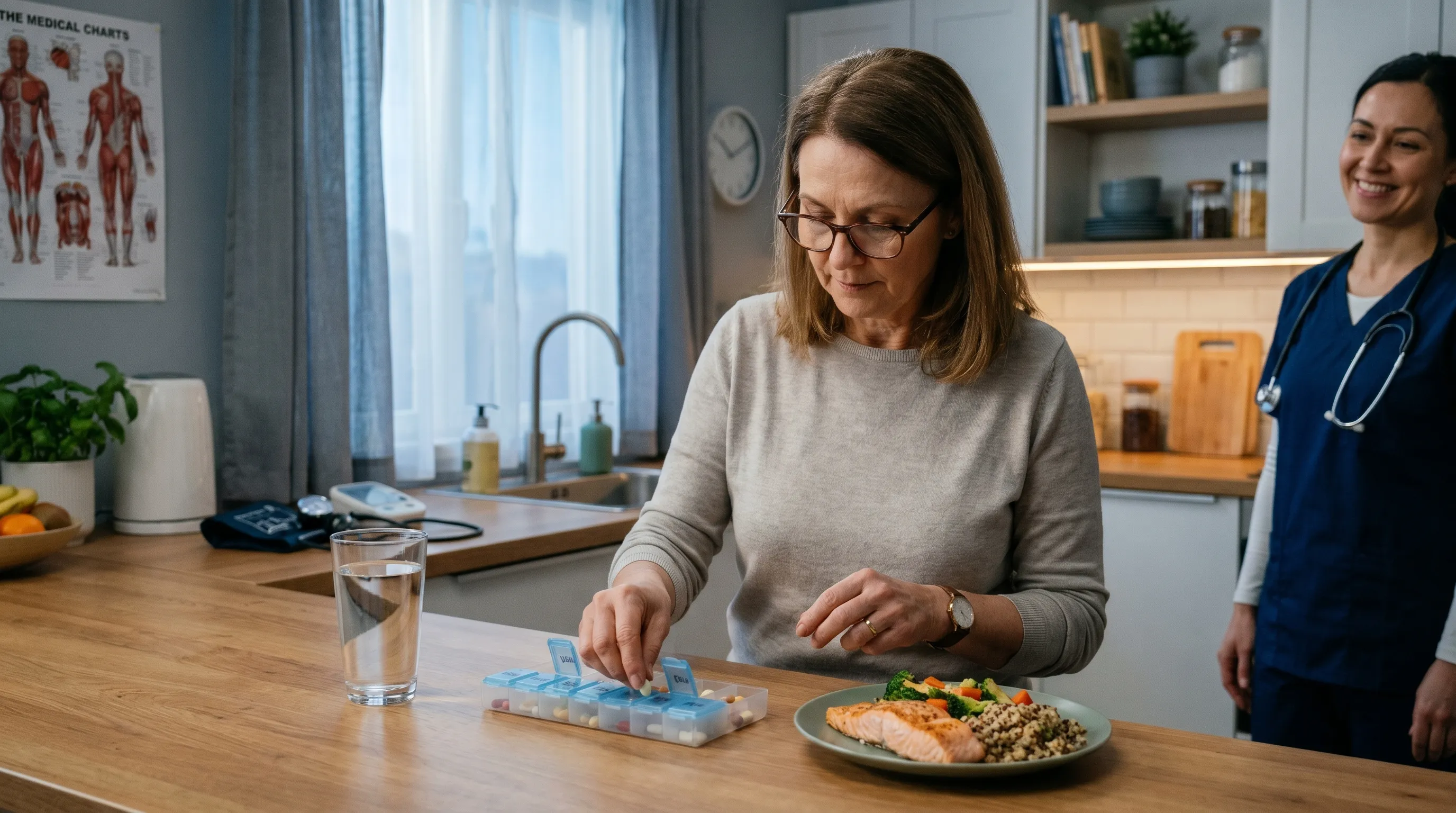An adult carefully reviewing medication instructions at a kitchen counter with a glass of water and a balanced meal, soft gray and blue lighting, clinical yet warm atmosphere