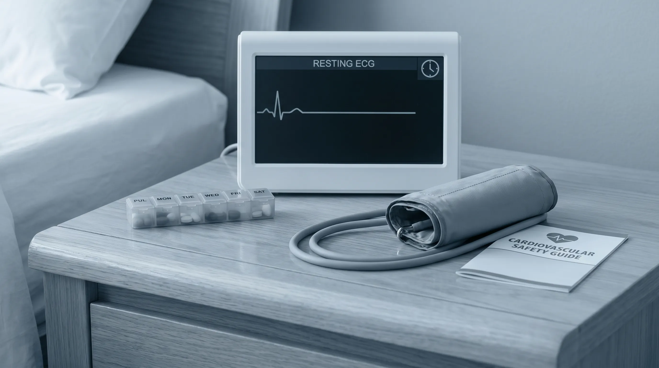 A resting heart monitor and blood pressure cuff on a clean bedside table, emphasizing cardiovascular monitoring and medication safety, muted blue-gray tones