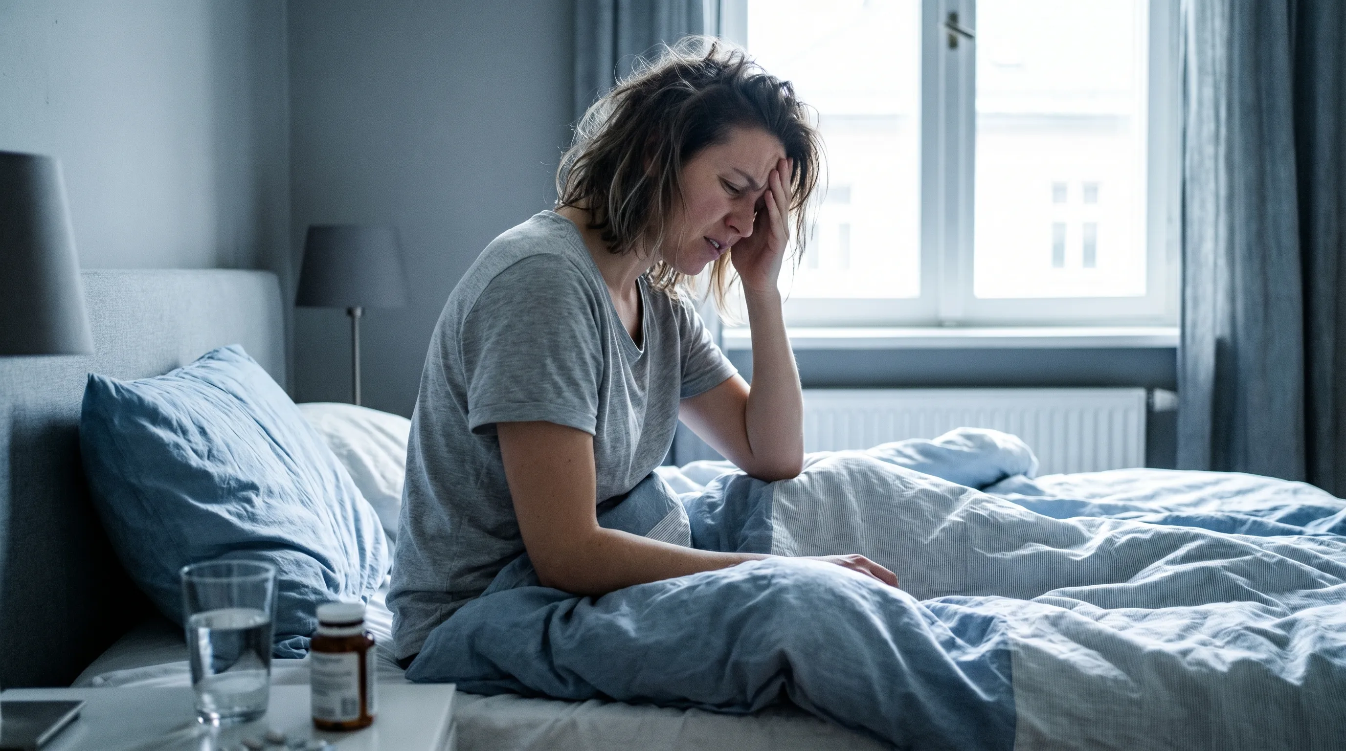 A person waking up in bed holding their head in pain due to a morning migraine