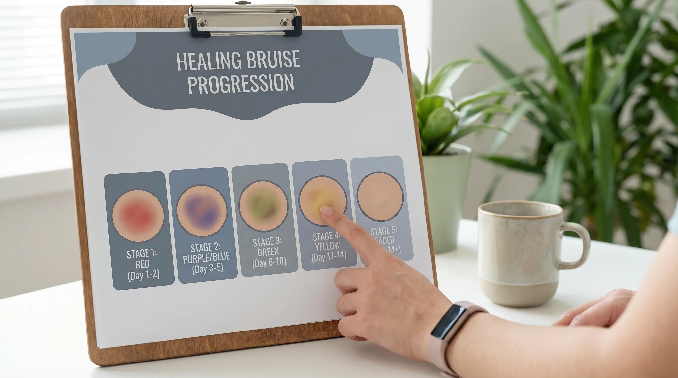 Infographic showing the color stages of a healing bruise from red to yellow