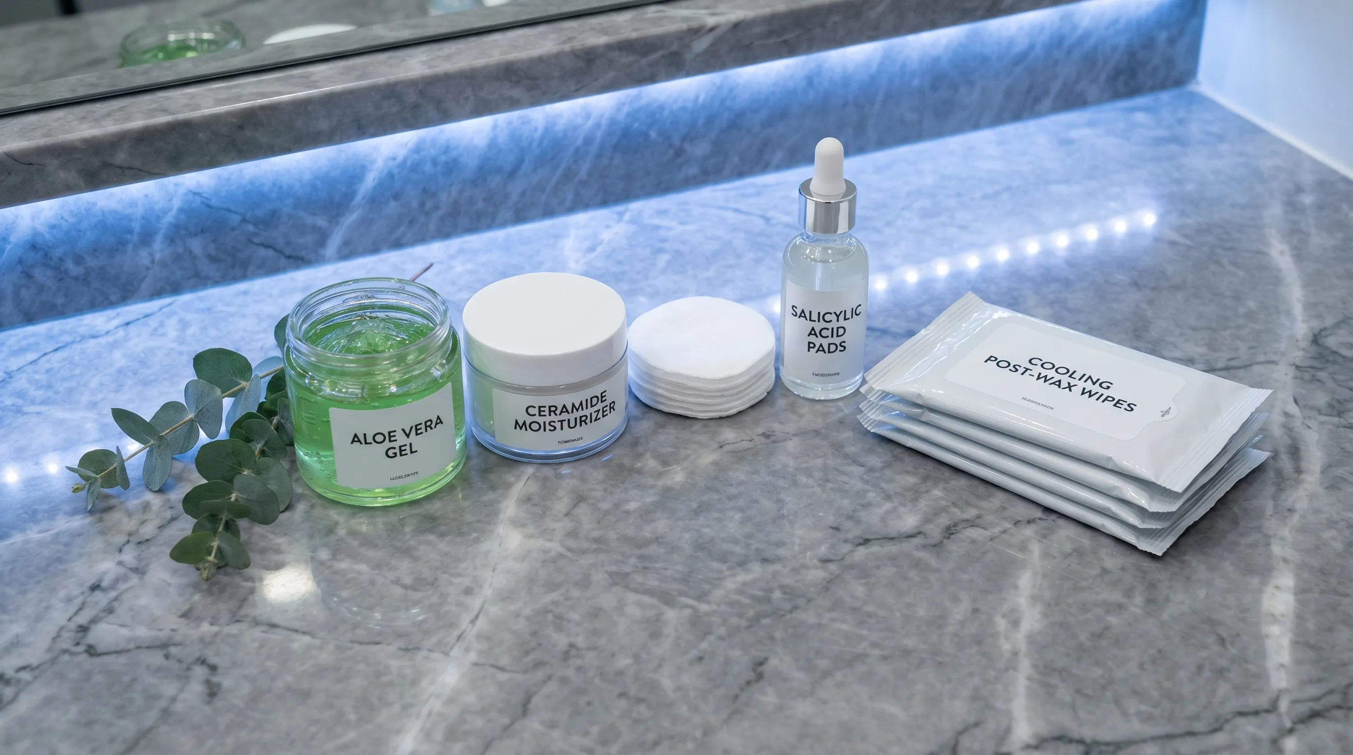 Close-up dermatological flat lay featuring soothing post-wax products like aloe vera gel, salicylic acid pads, ceramide cream, and cool cotton pads on a clean gray marble surface with soft blue accent lighting