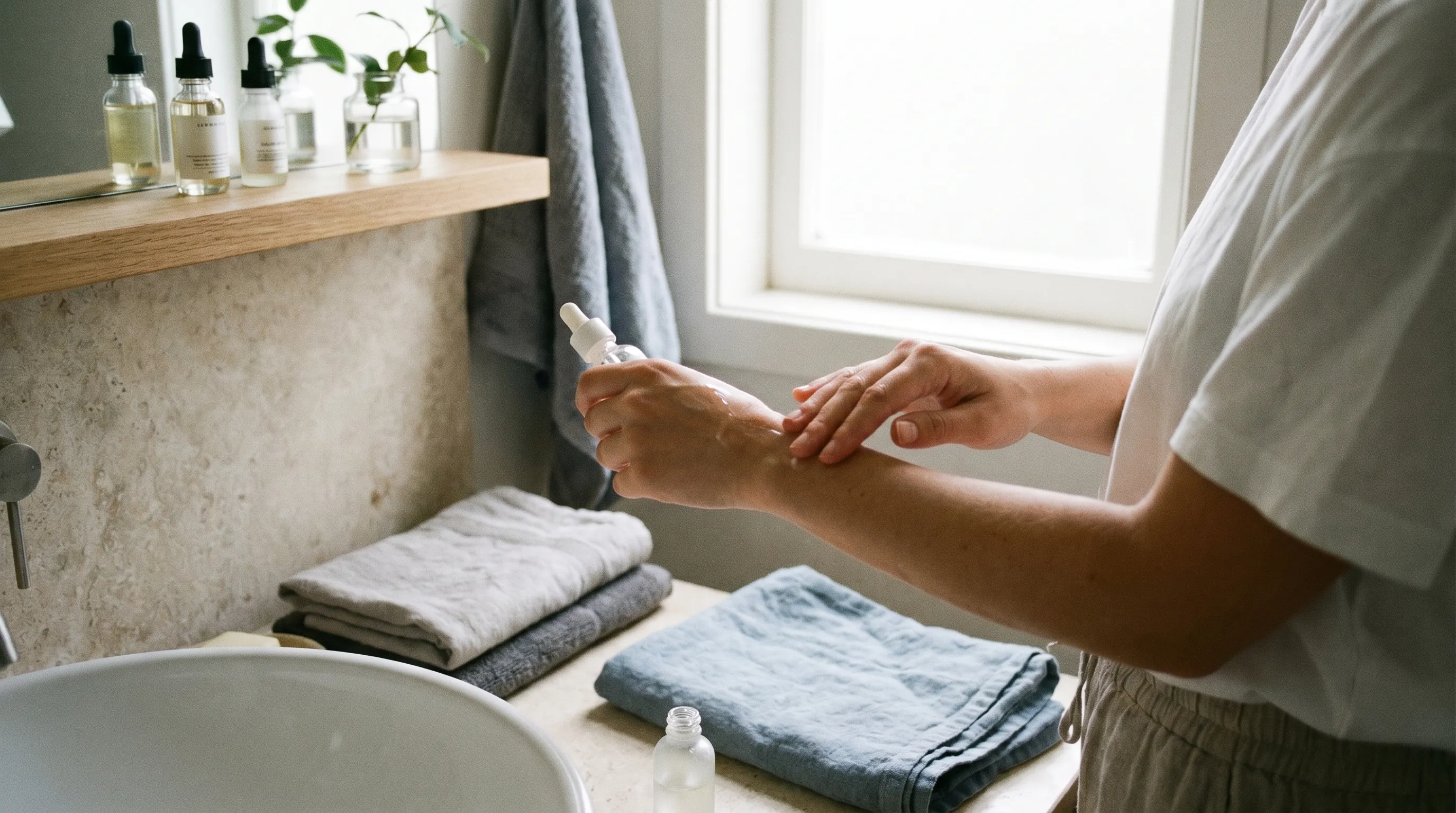 A person in a cozy home bathroom gently applying a hydrating serum to their forearm, natural morning light, minimalist skincare routine aesthetic, calm and clean composition with soft gray and blue tones