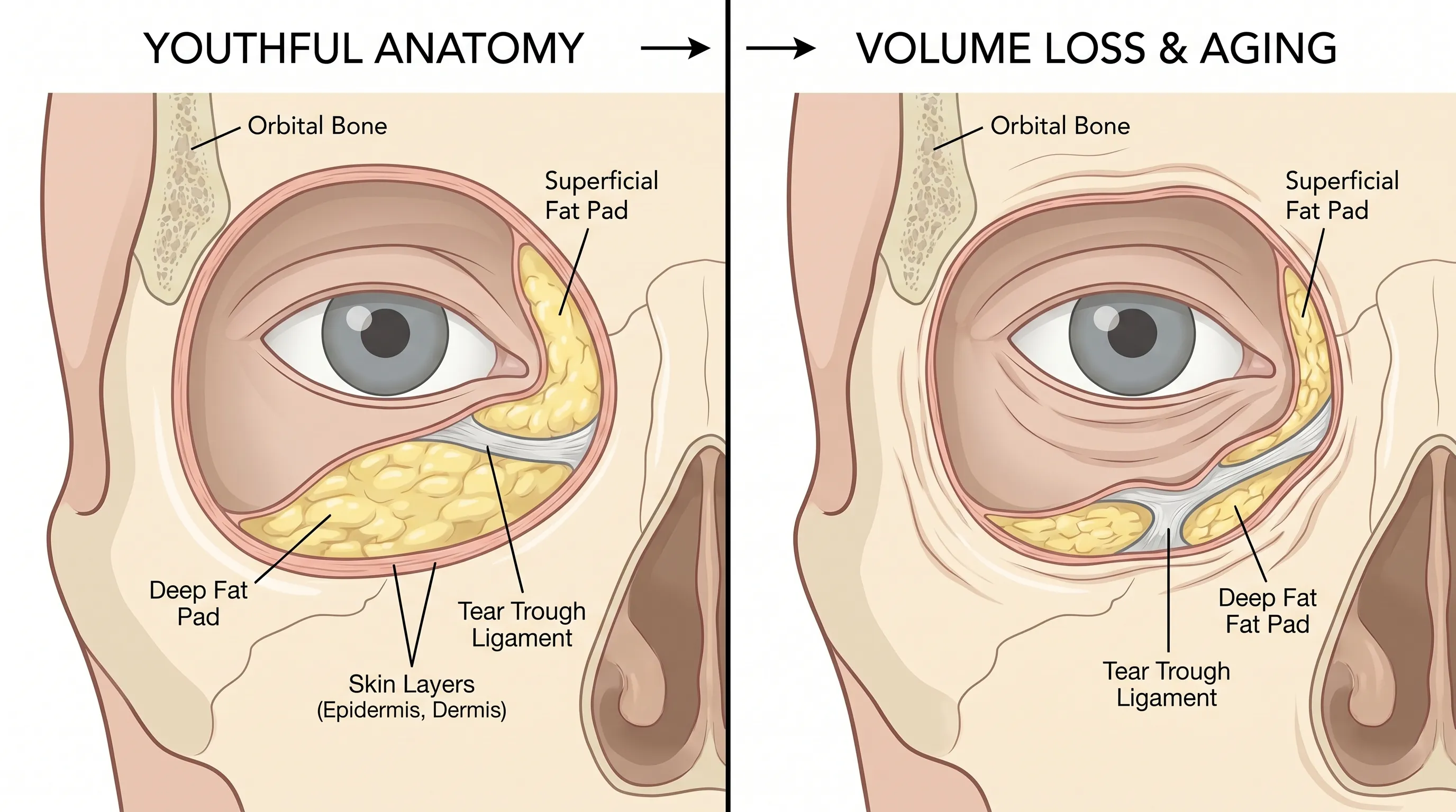 A detailed medical cross-sectional diagram of the periorbital region highlighting the orbital bone, superficial and deep fat pads, skin layers, and the tear trough ligament, illustrating structural changes associated with volume loss.