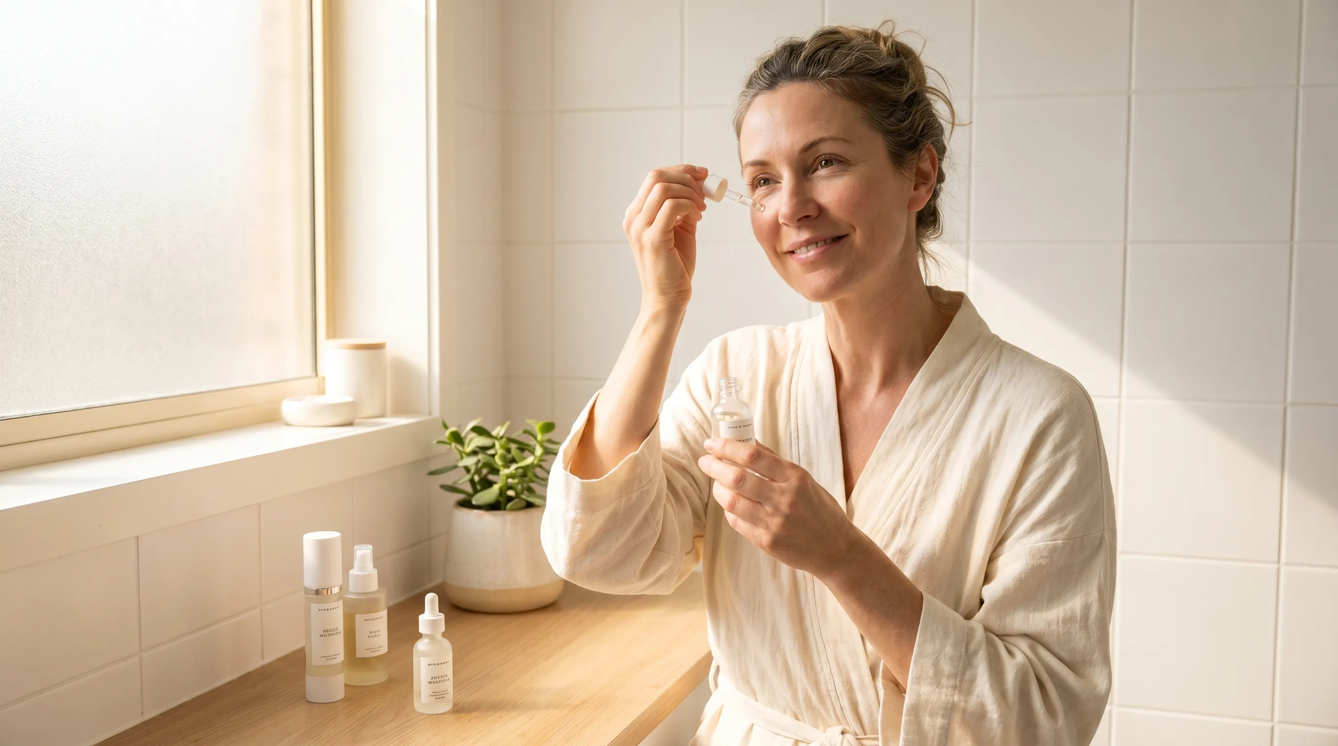 A serene lifestyle photo of a person in their 40s applying a hydrating eye serum on a minimalist bathroom counter with soft morning natural light, emphasizing daily self-care and dermatological routines.