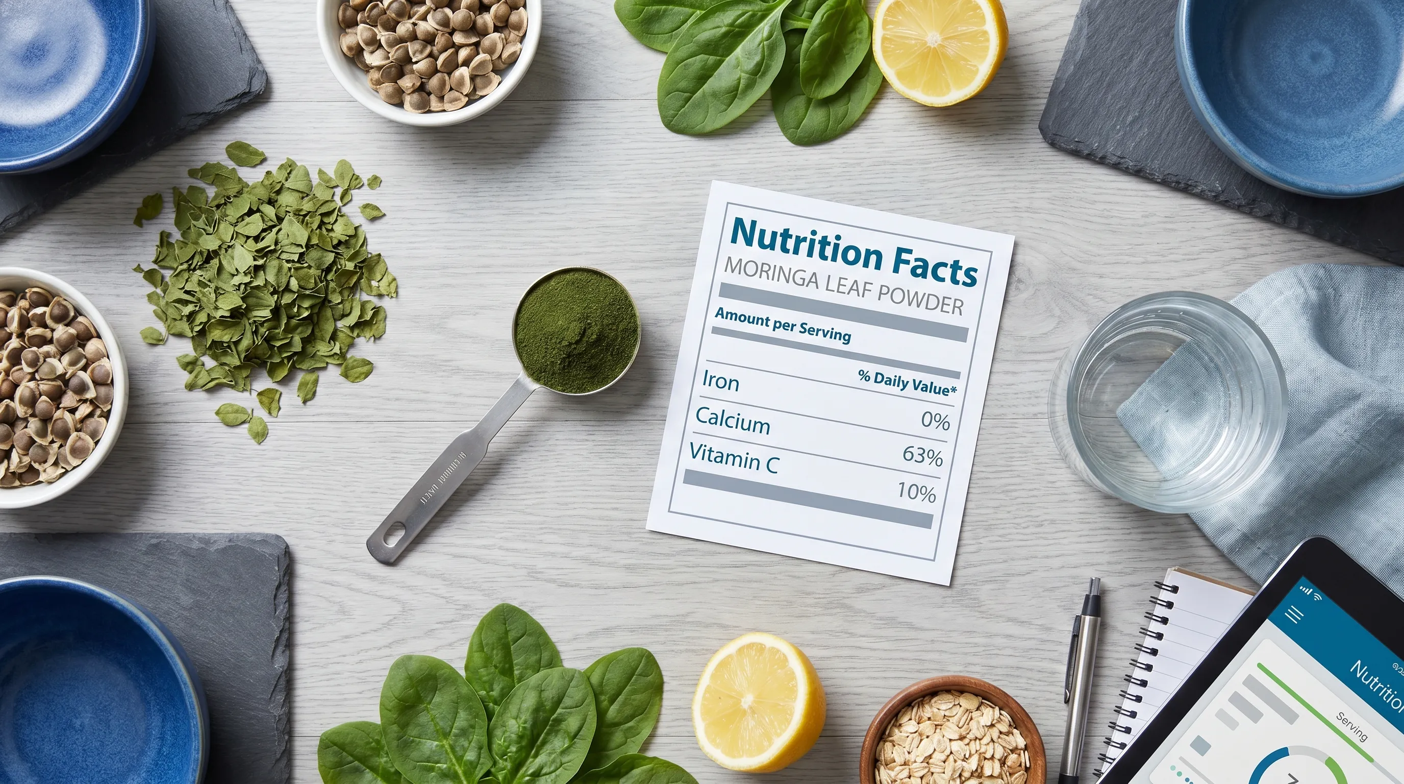 A registered dietitian explaining glycemic management strategies while pointing to a glass bowl of organic moringa leaf powder next to a continuous glucose monitor