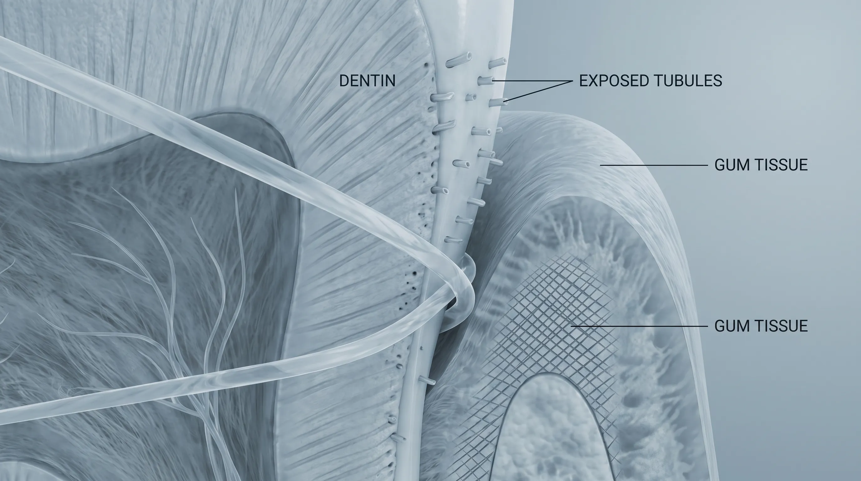 Clinical illustration showing exposed dentinal tubules and gum tissue adjacent to dental floss, with soft blue and gray lighting highlighting anatomical details