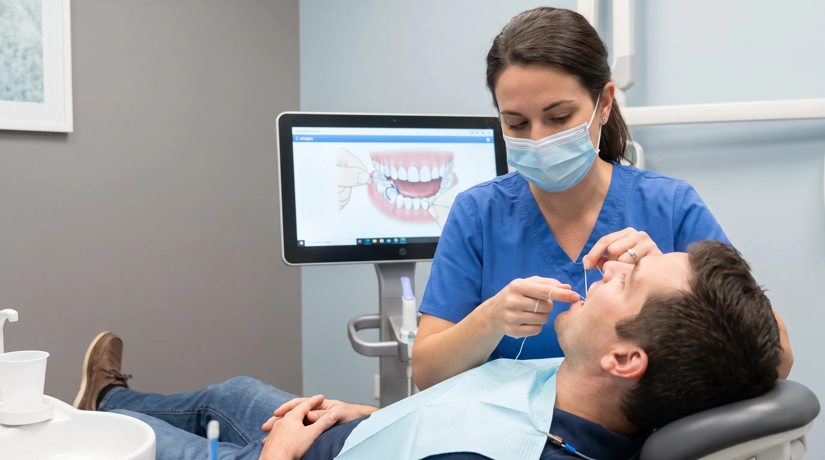 Dental professional demonstrating gentle flossing technique to a patient in a modern clinical setting with soft gray and blue tones, emphasizing proper hand positioning