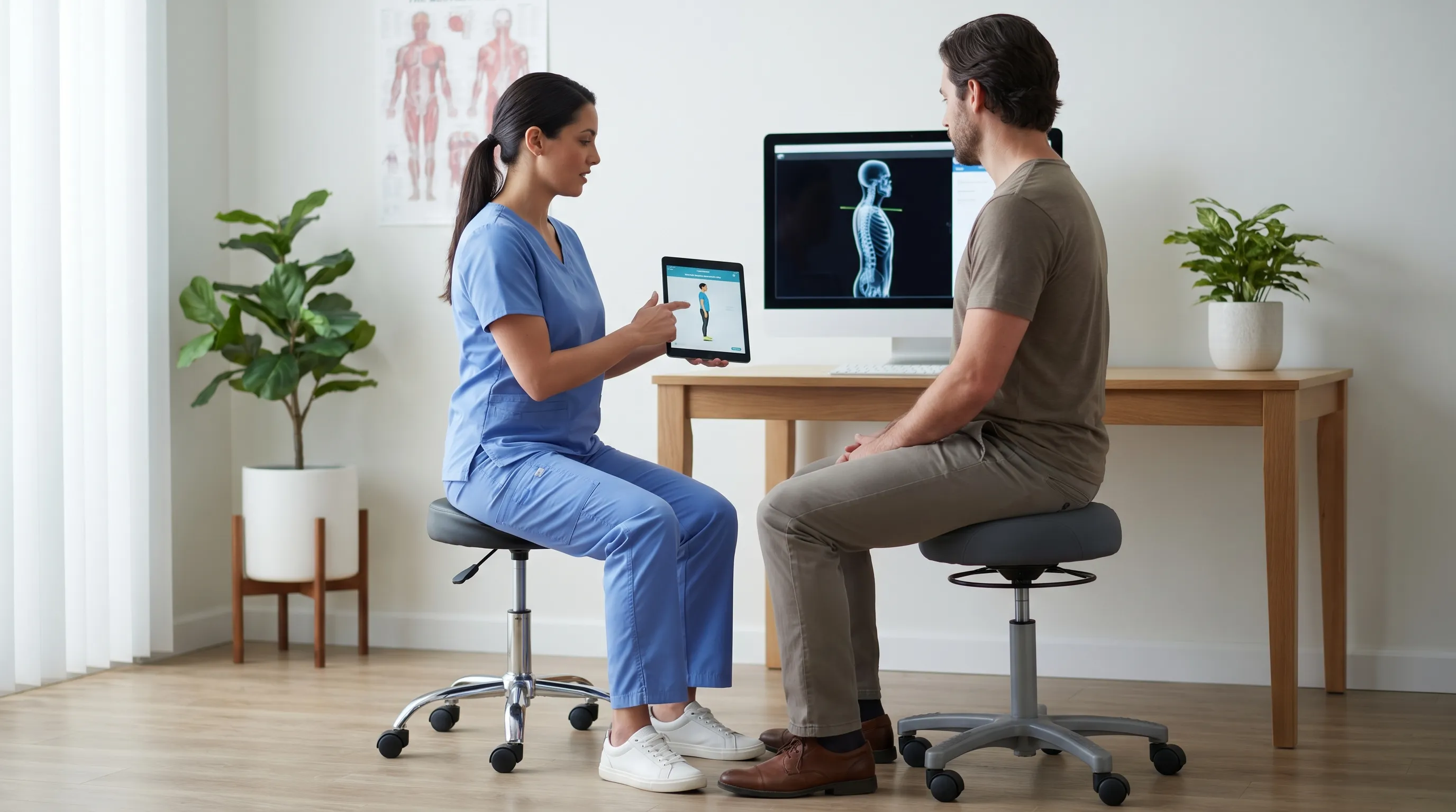 Medical professional guiding patient through ergonomic posture assessment in clinical setting