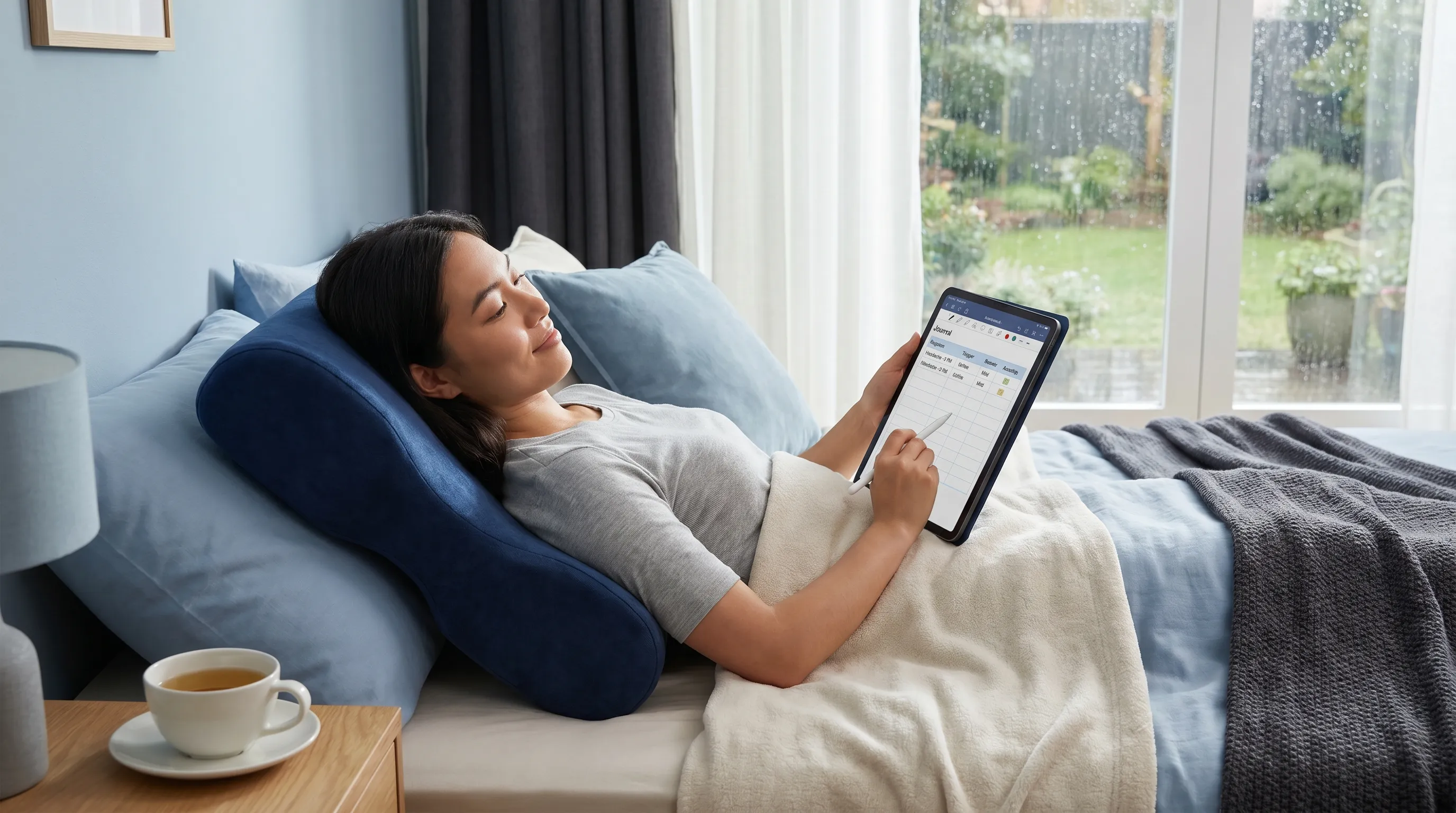 Individual tracking daily symptom triggers in digital journal while resting in supportive cervical pillow