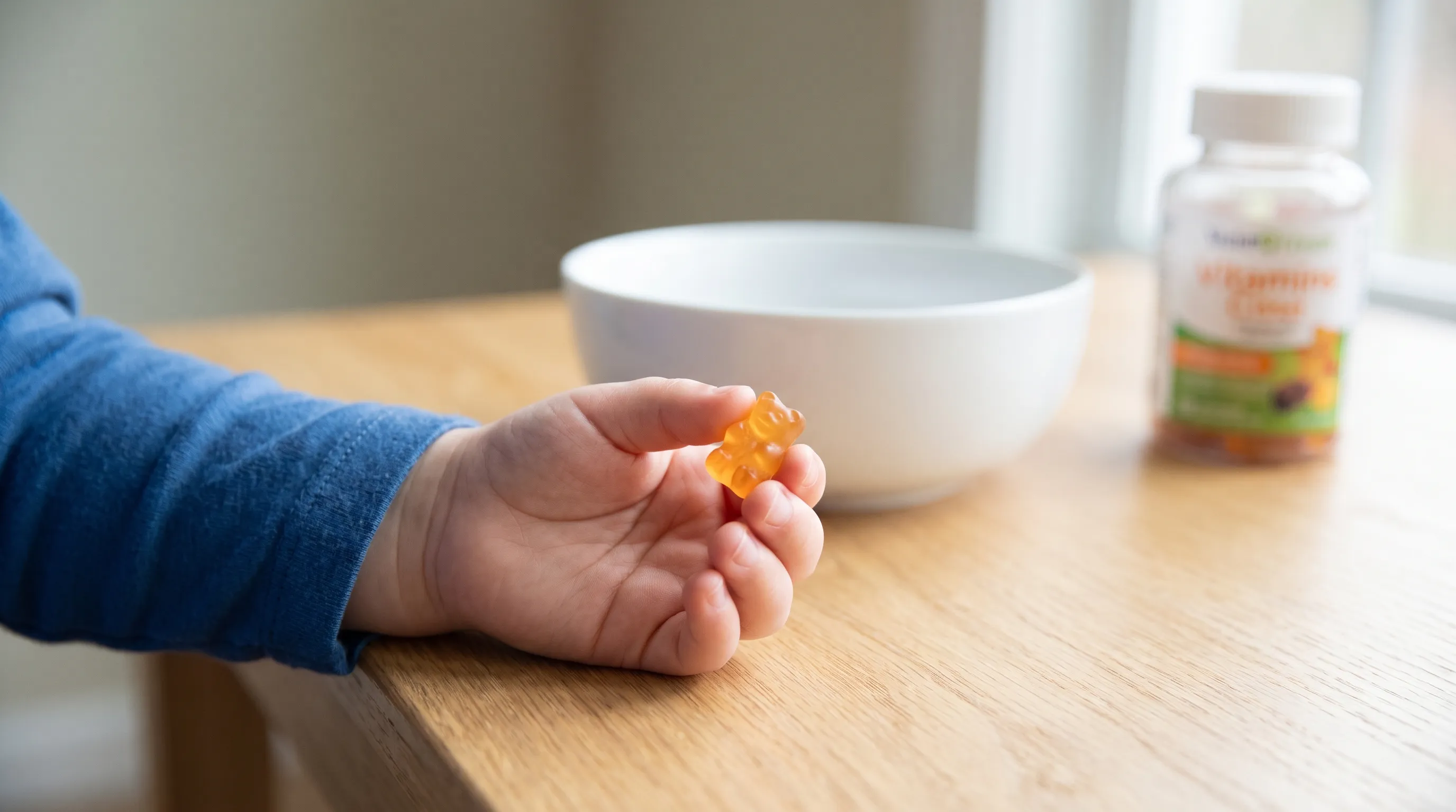 A child's hand holding a colorful, translucent probiotic gummy against a clean wooden background, emphasizing pediatric-friendly supplement design