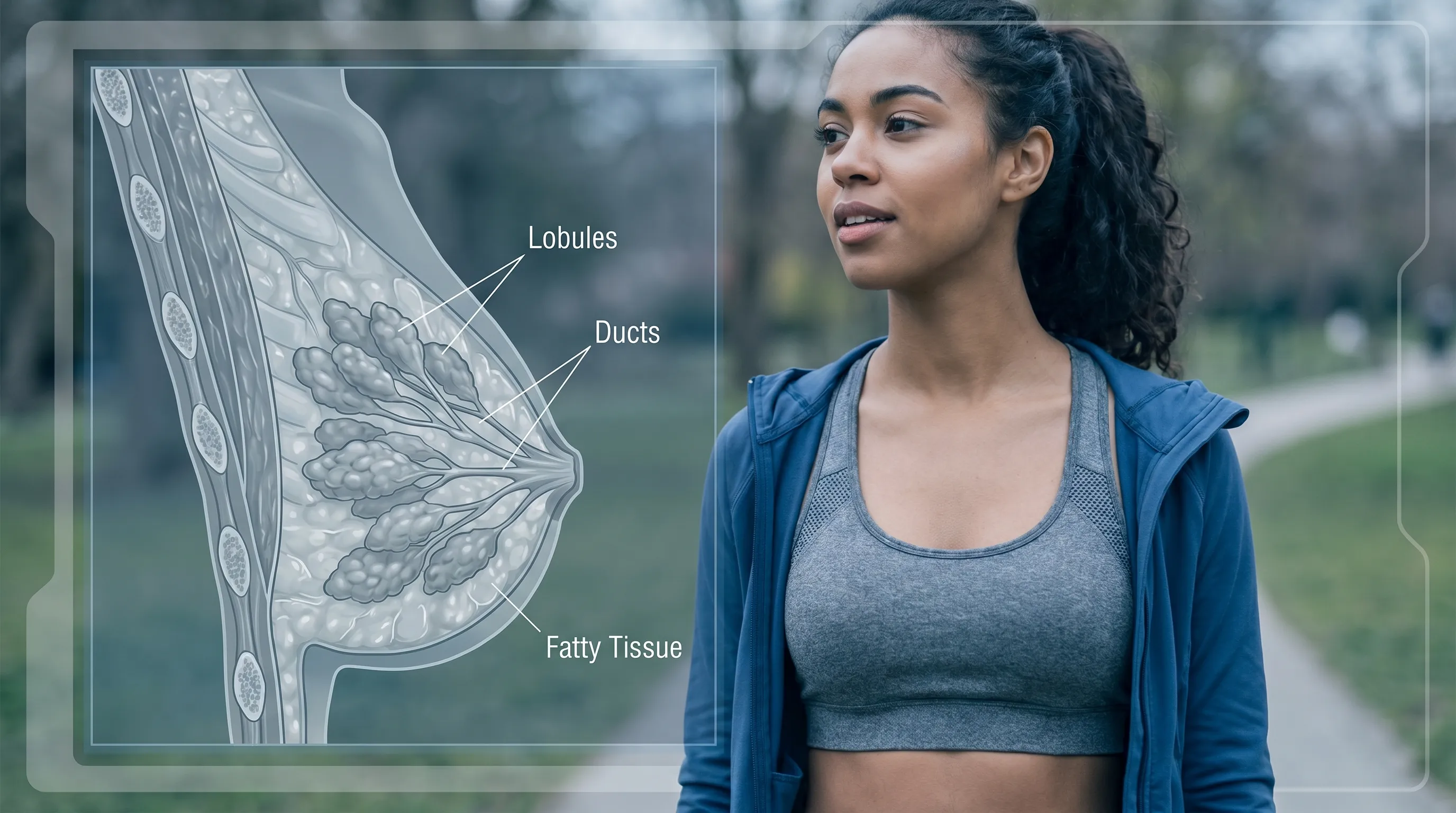 Medical illustration showing normal breast tissue anatomy overlaid on a diverse young woman in athletic wear, clinical yet lifestyle style, gray and blue color grading, 4:3 ratio
