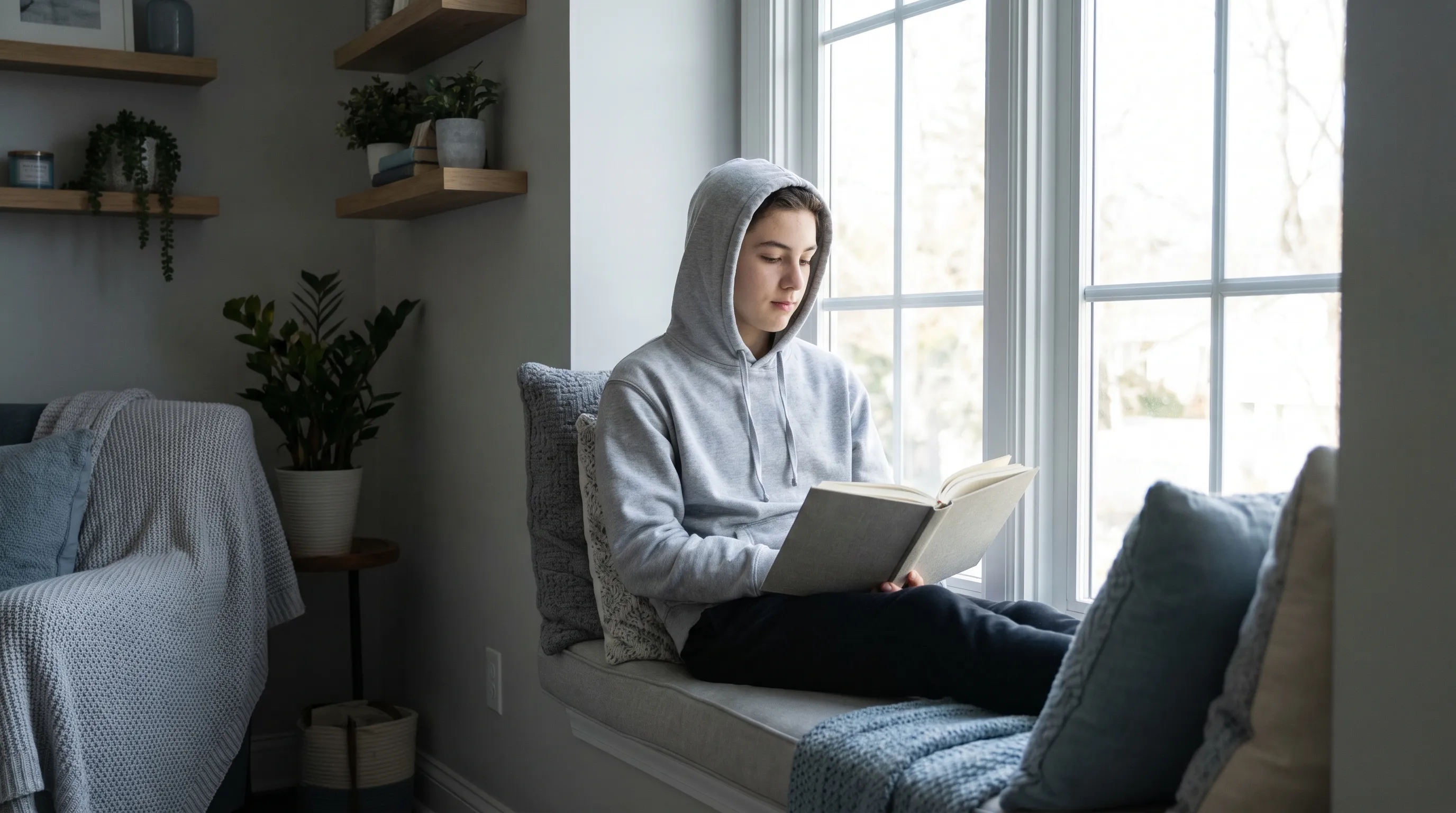 Peaceful wellness scene of a teenager reading a health journal in a sunlit room, soft natural lighting, gray and blue tones, realistic photography style, 4:3 ratio