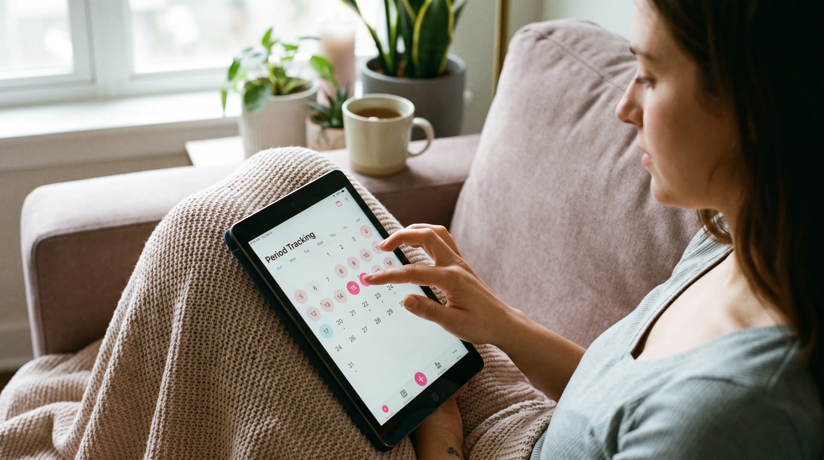 A close-up lifestyle photo of a woman gently tracking her menstrual cycle on a tablet while sitting comfortably on a sofa with soft natural lighting