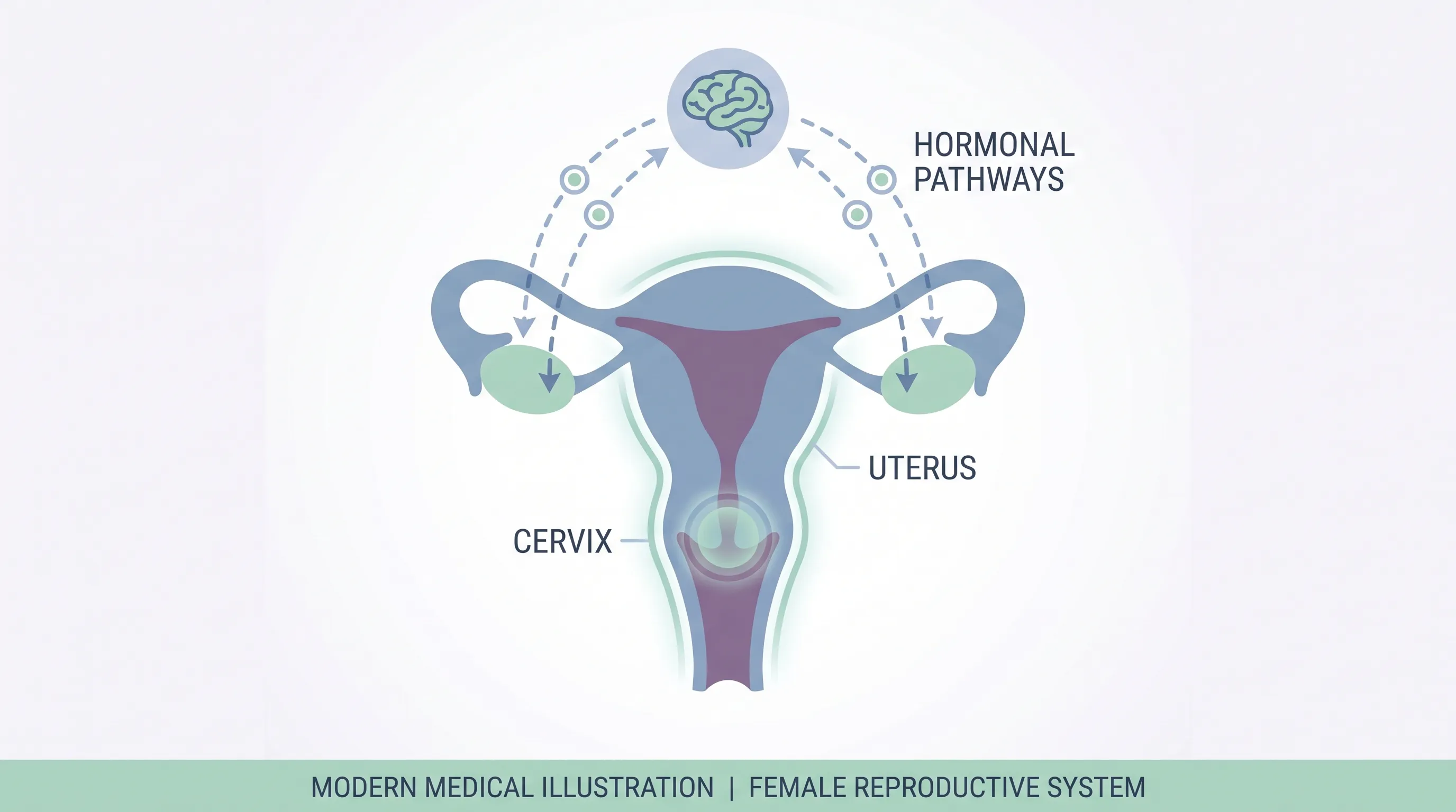An educational medical illustration showing the female reproductive system with subtle anatomical highlights for uterus, cervix, and hormonal pathways in a modern flat design style