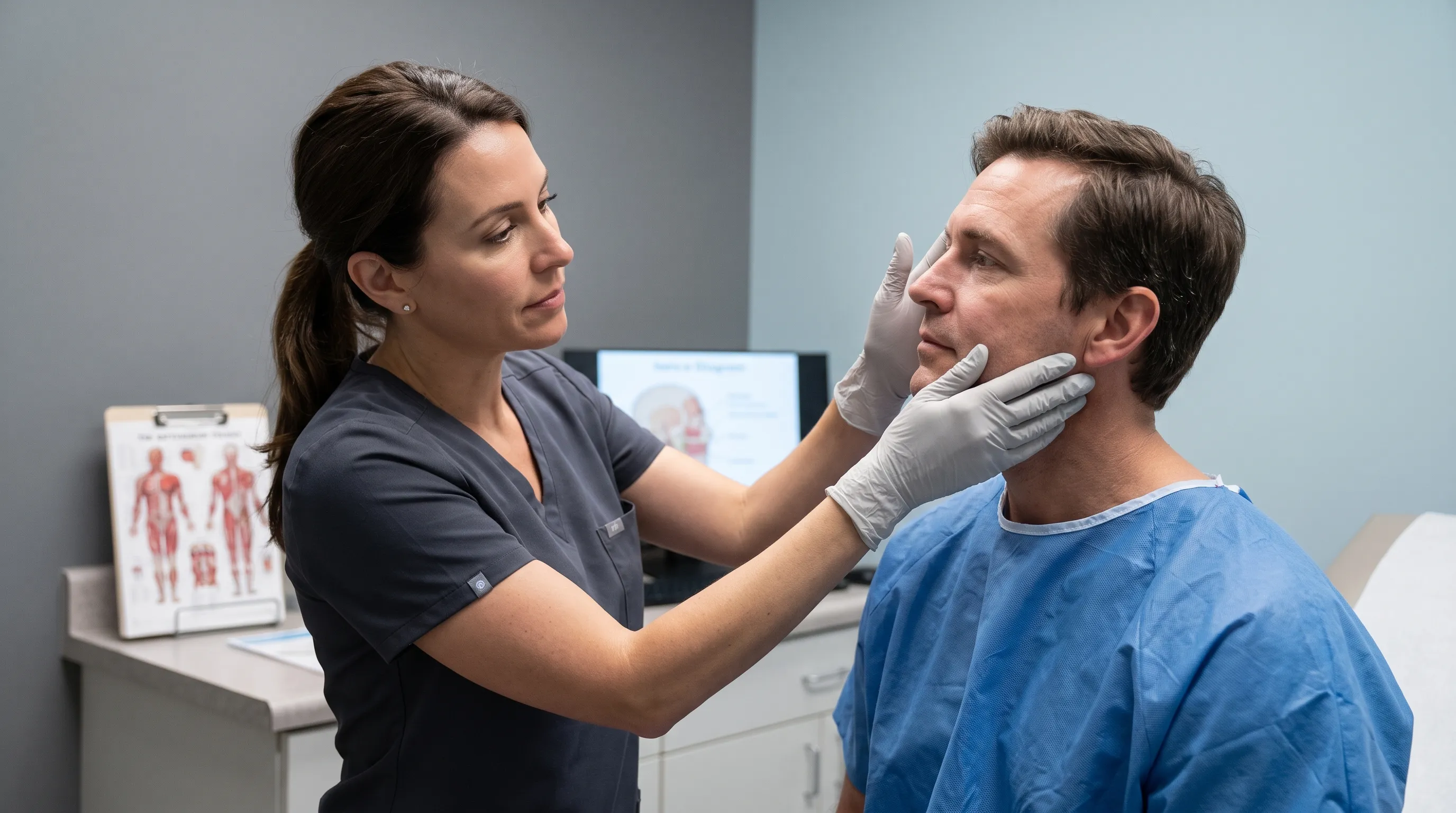 Medical professional examining patient jaw muscles in clinical setting