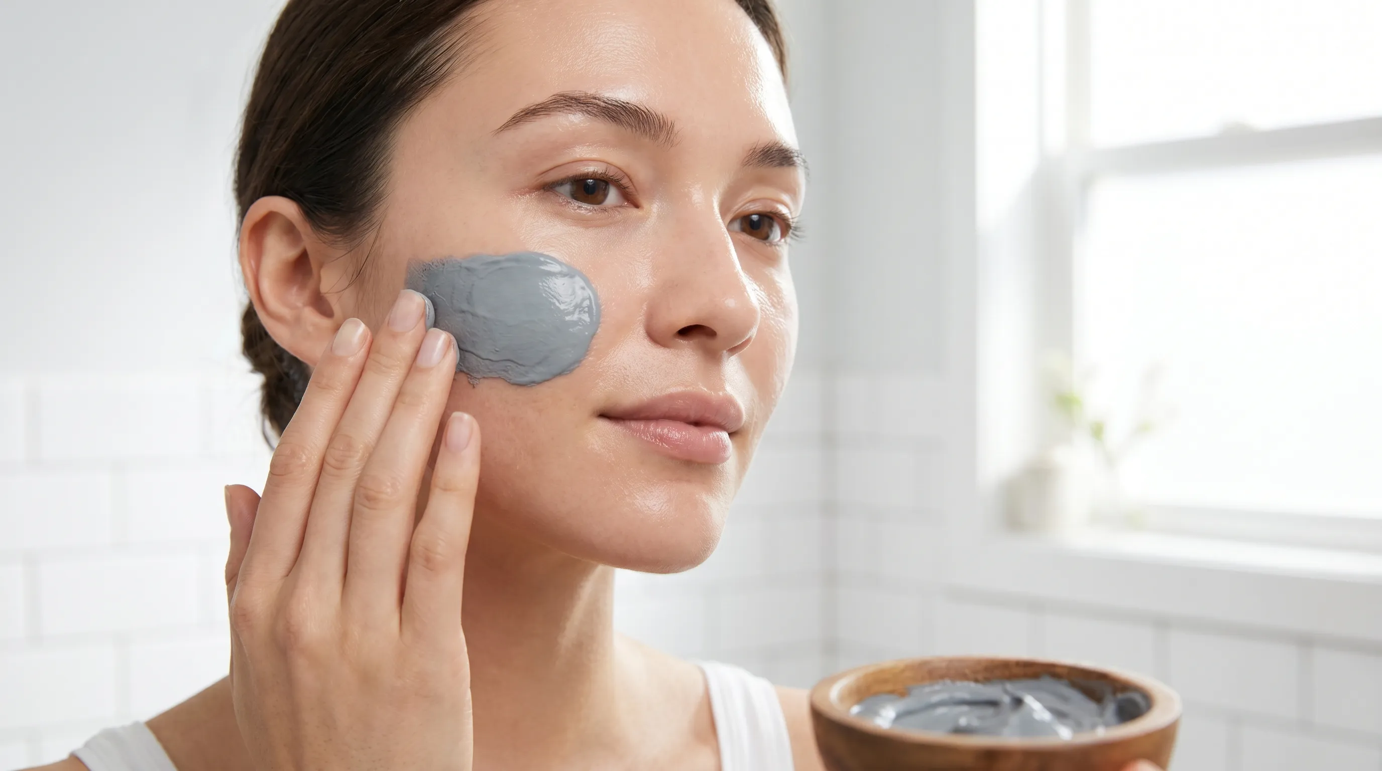 Close-up professional shot of a woman with clear, hydrated skin gently applying a smooth gray clay mask to her cheek in a bright, clean bathroom setting, natural lighting, spa aesthetic