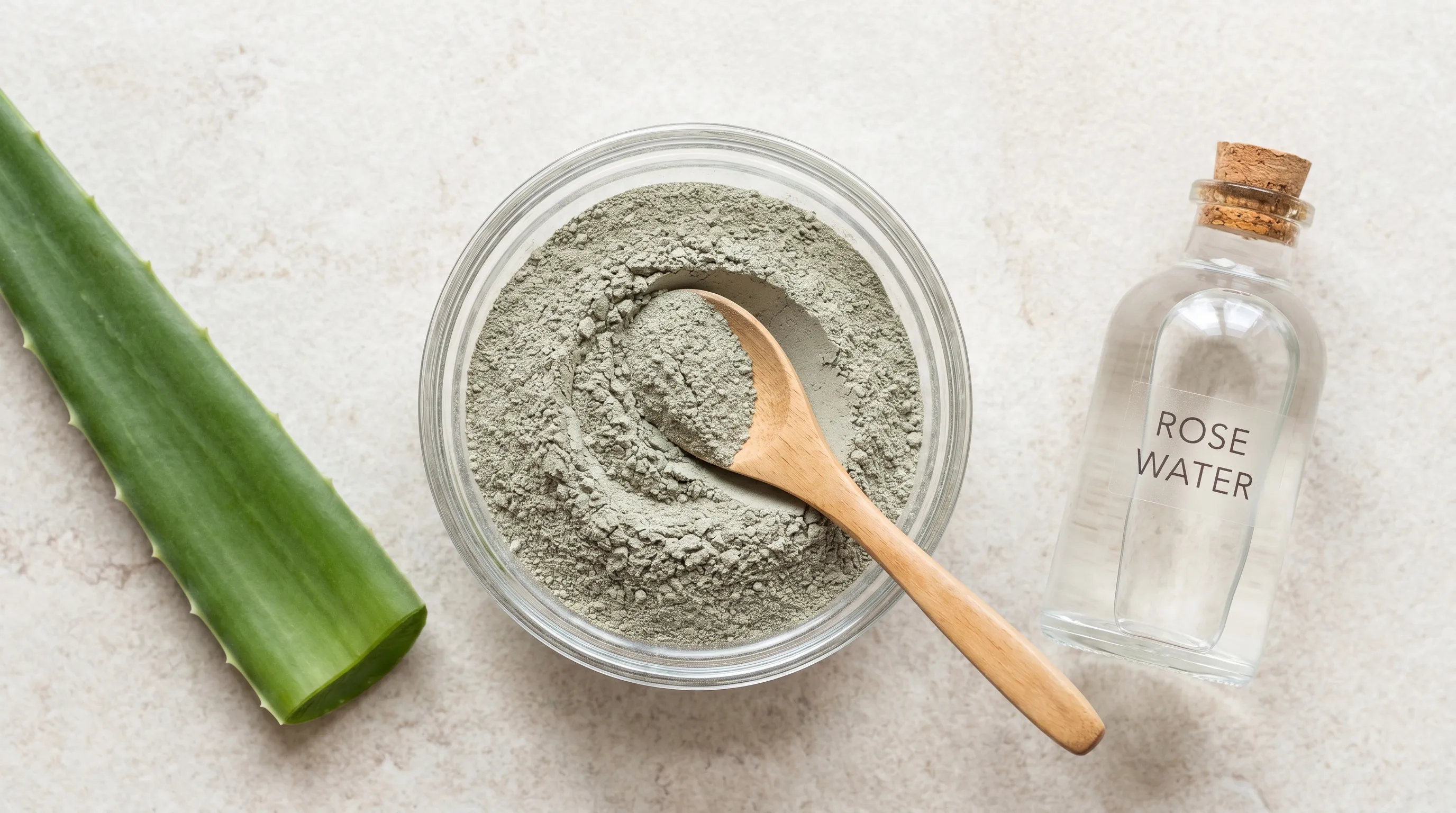 Top-down flatlay of cosmetic-grade bentonite clay powder in a glass bowl, wooden spoon, rose water bottle, and aloe vera leaf arranged on a light stone surface, minimalist wellness photography