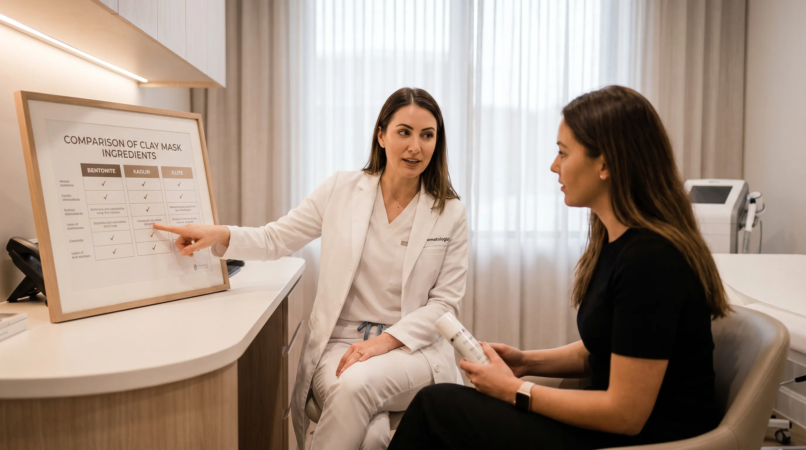 Dermatologist consulting with a patient about skincare routines in a softly lit clinical office, showing a chart comparing clay mask ingredients, professional healthcare photography
